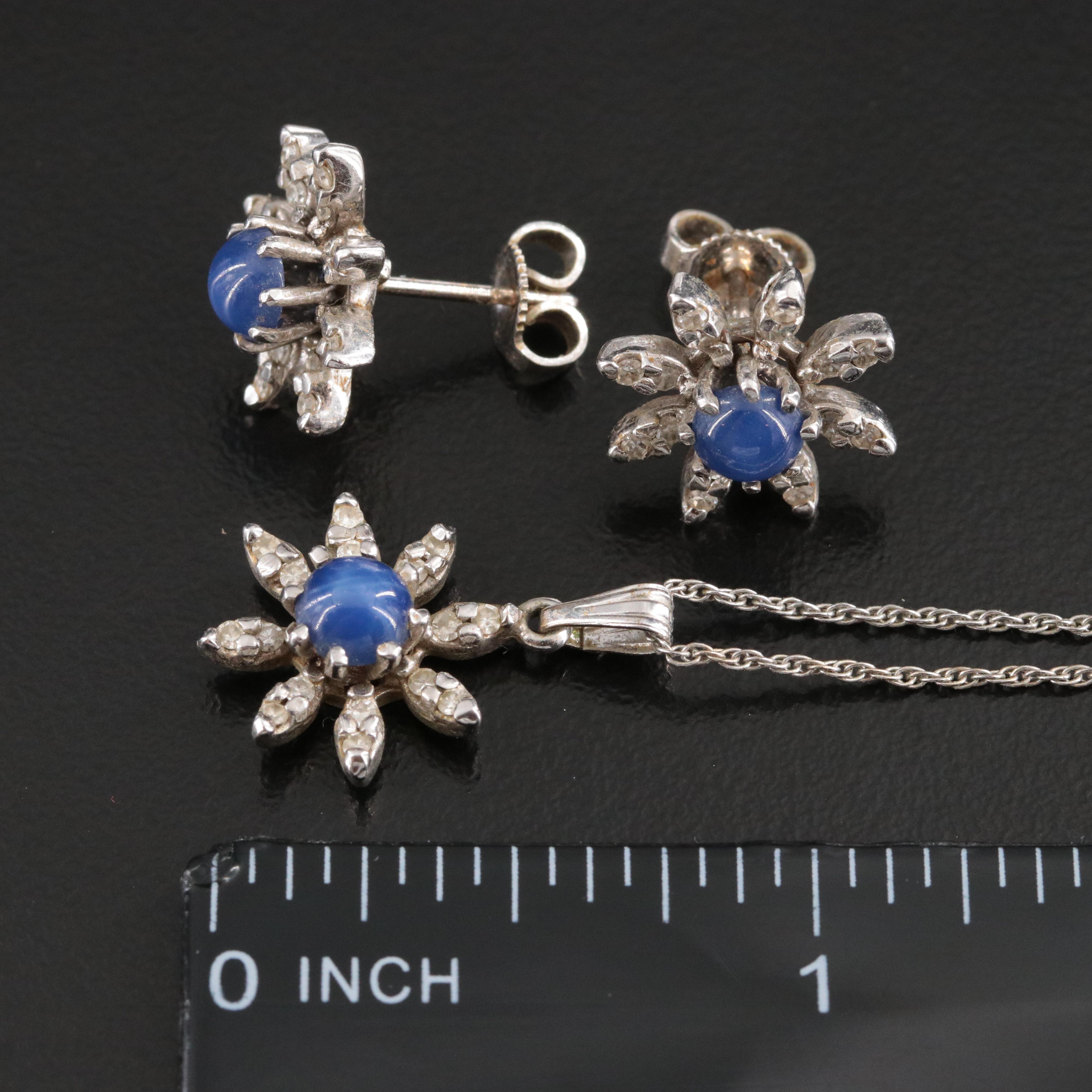 14K Star Sapphire and Diamond Pendant Necklace and Earring Set