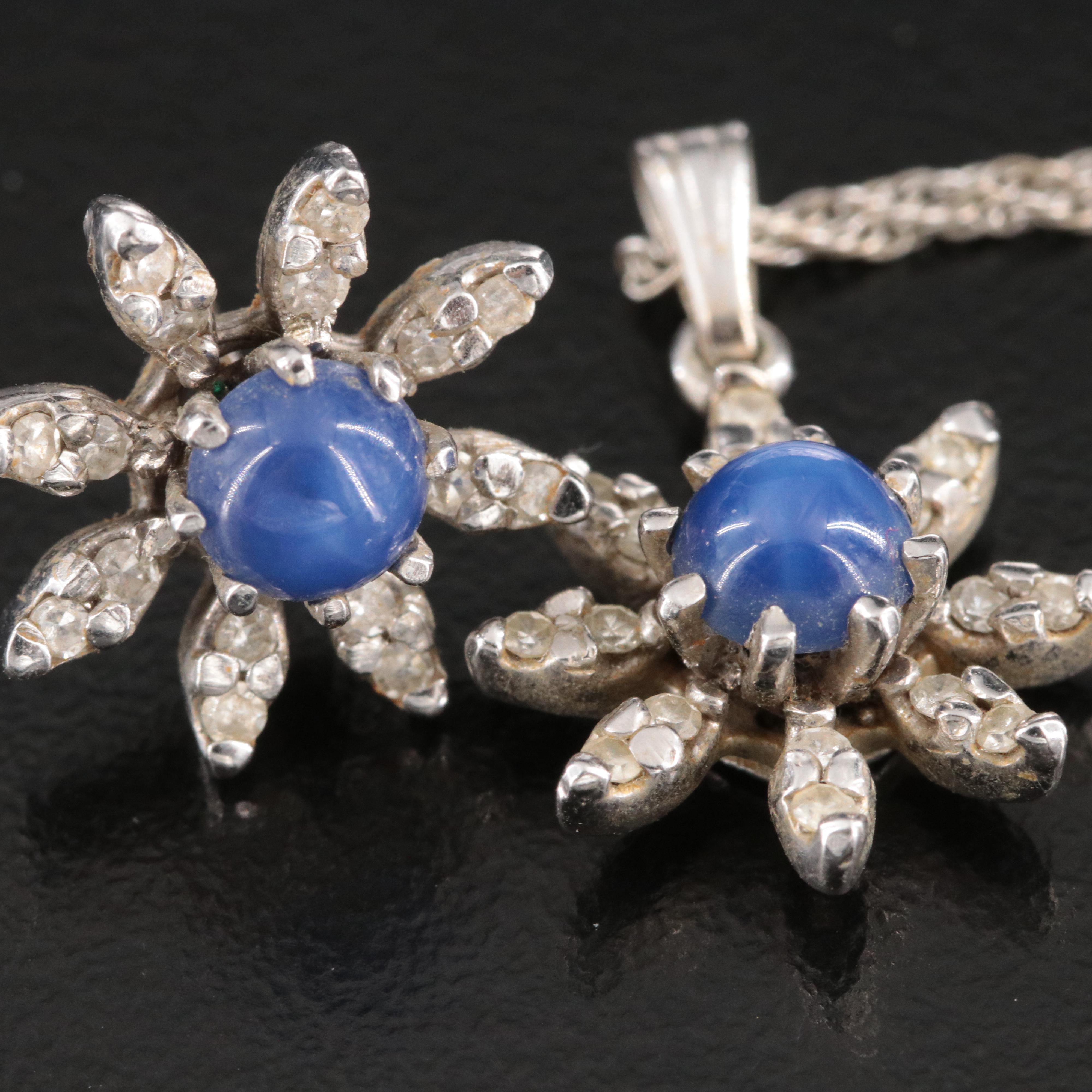 14K Star Sapphire and Diamond Pendant Necklace and Earring Set