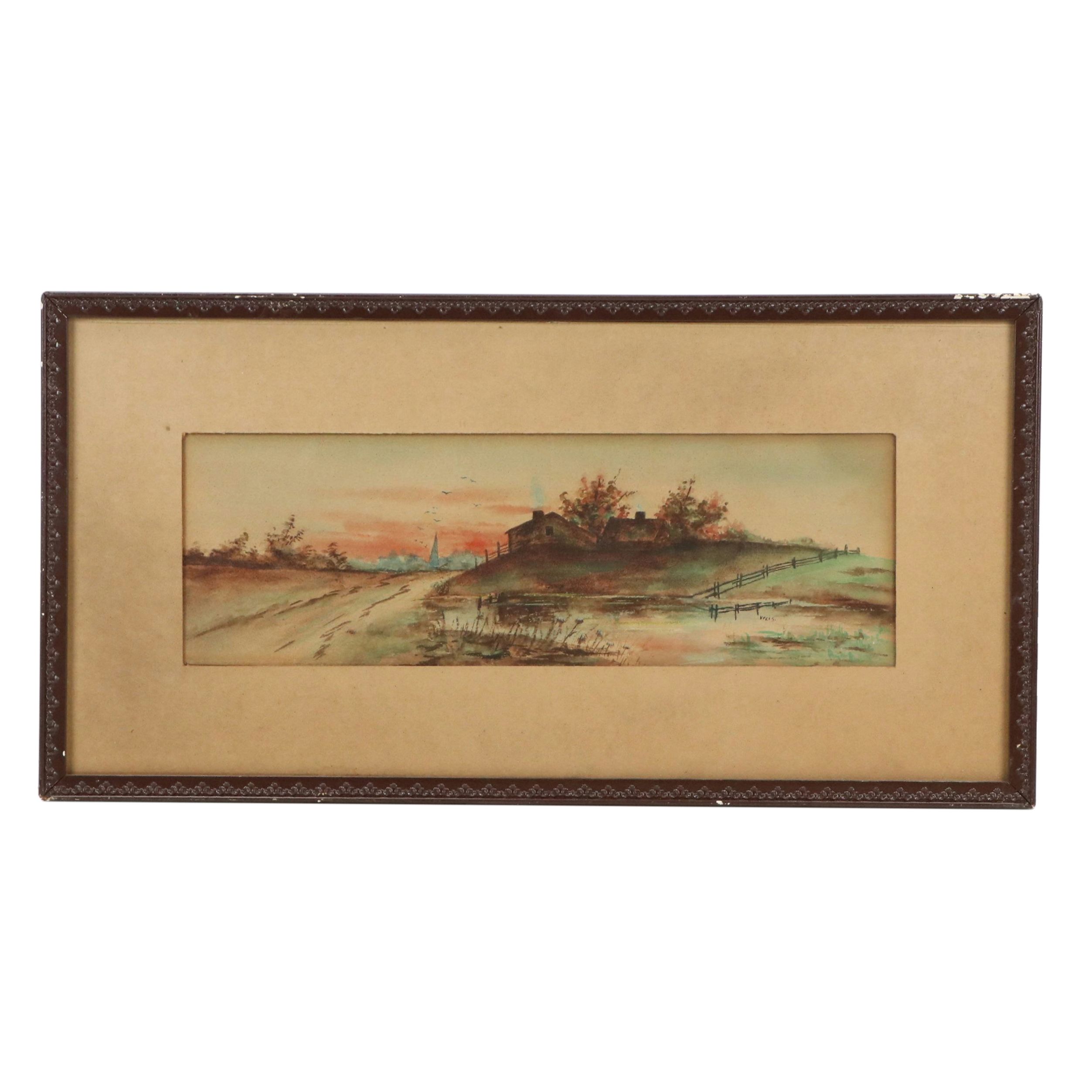 Farm Landscape Watercolor Painting, Circa 1910