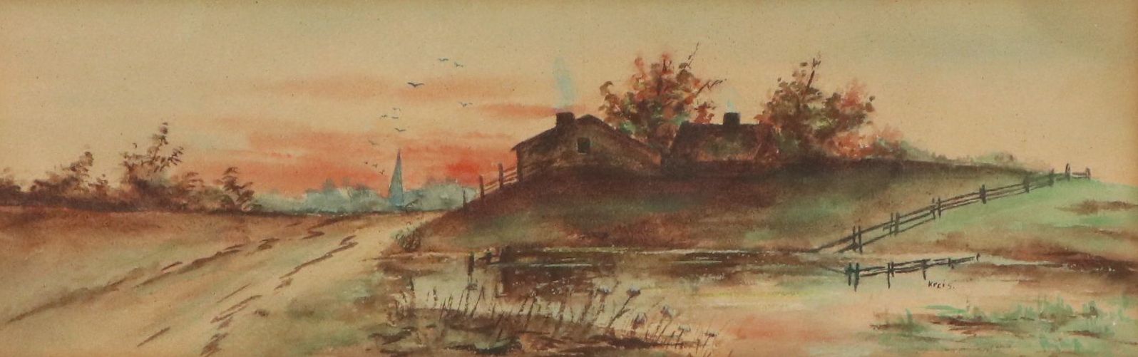 Farm Landscape Watercolor Painting, Circa 1910