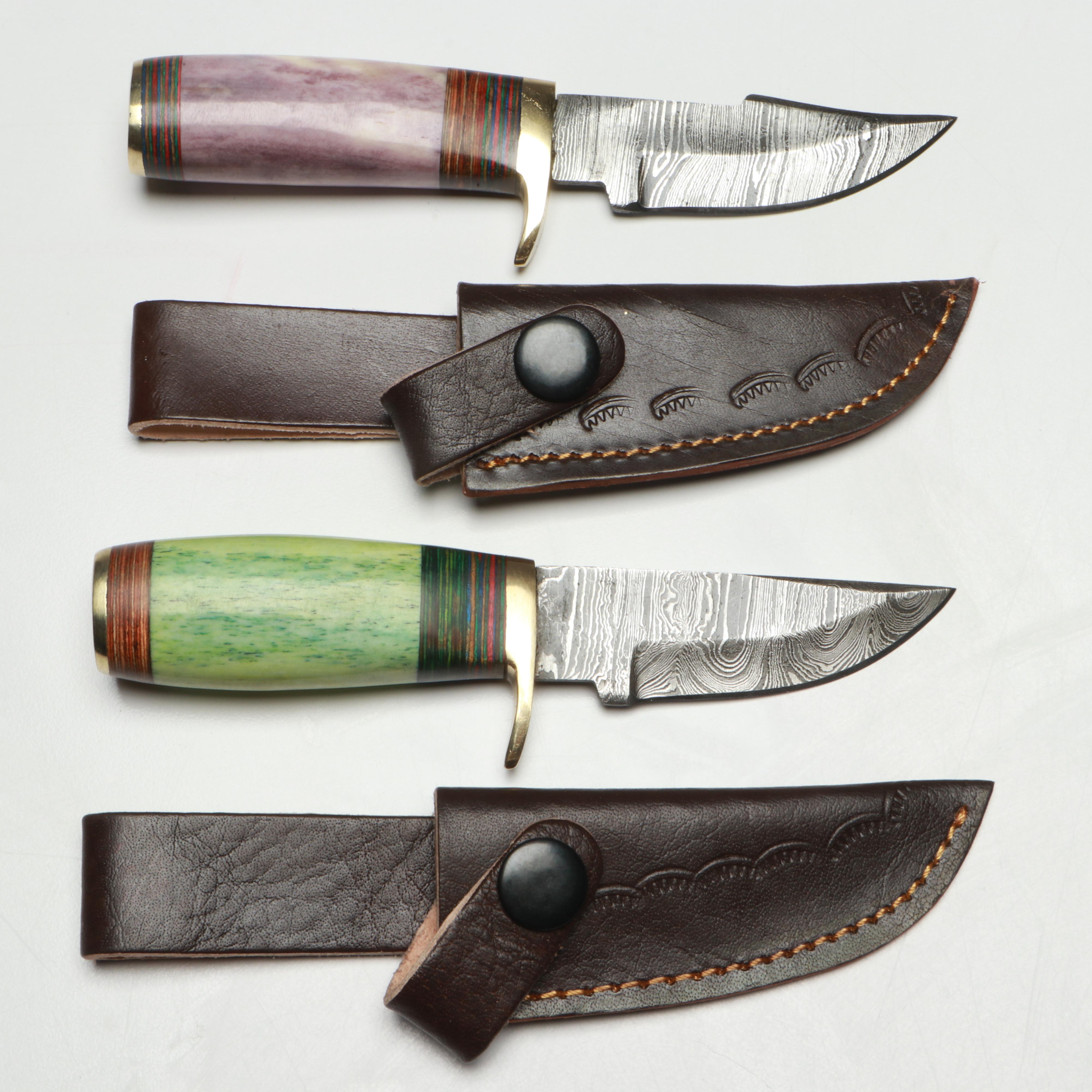 Damascus Steel Skinner Knives in Leather Scabbards