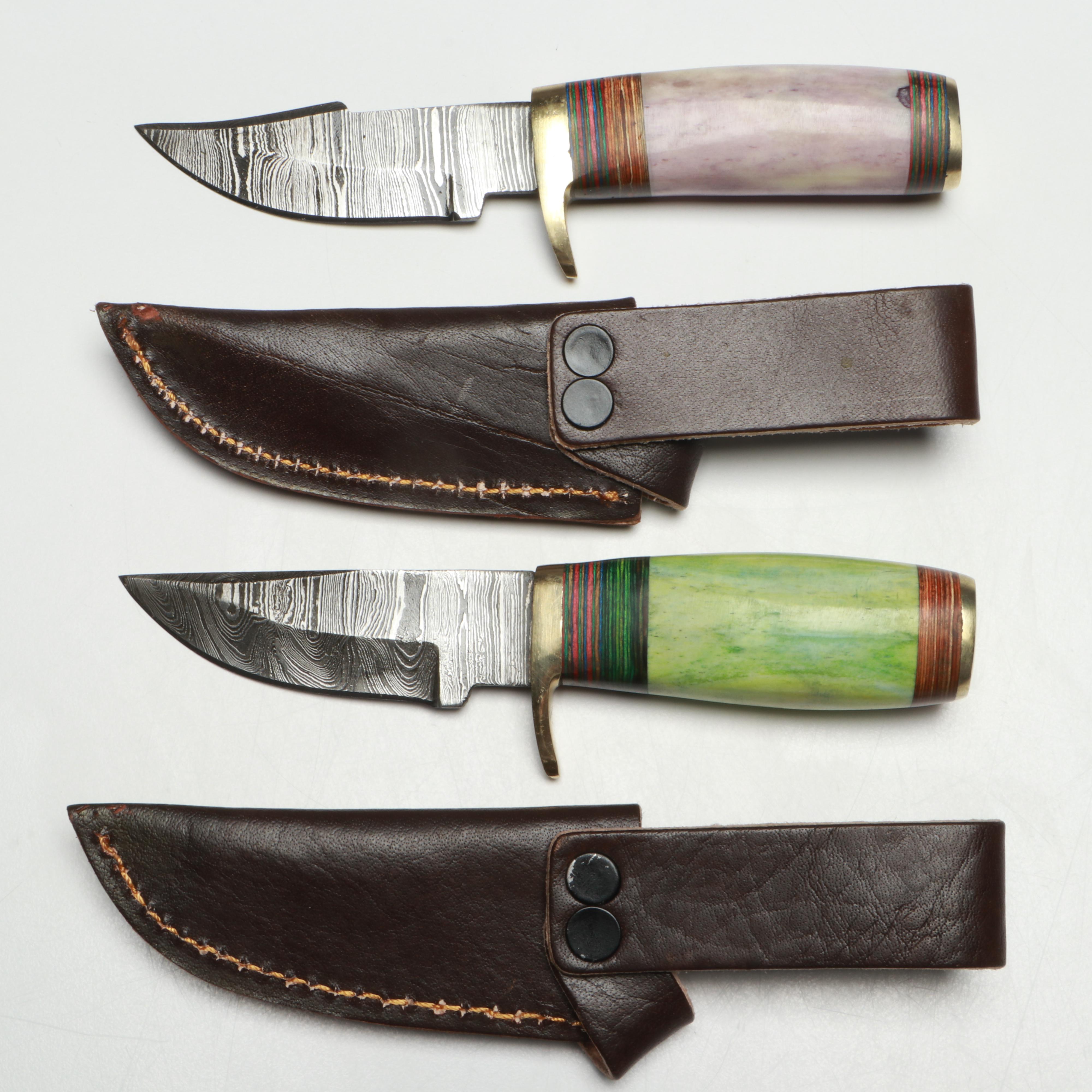 Damascus Steel Skinner Knives in Leather Scabbards
