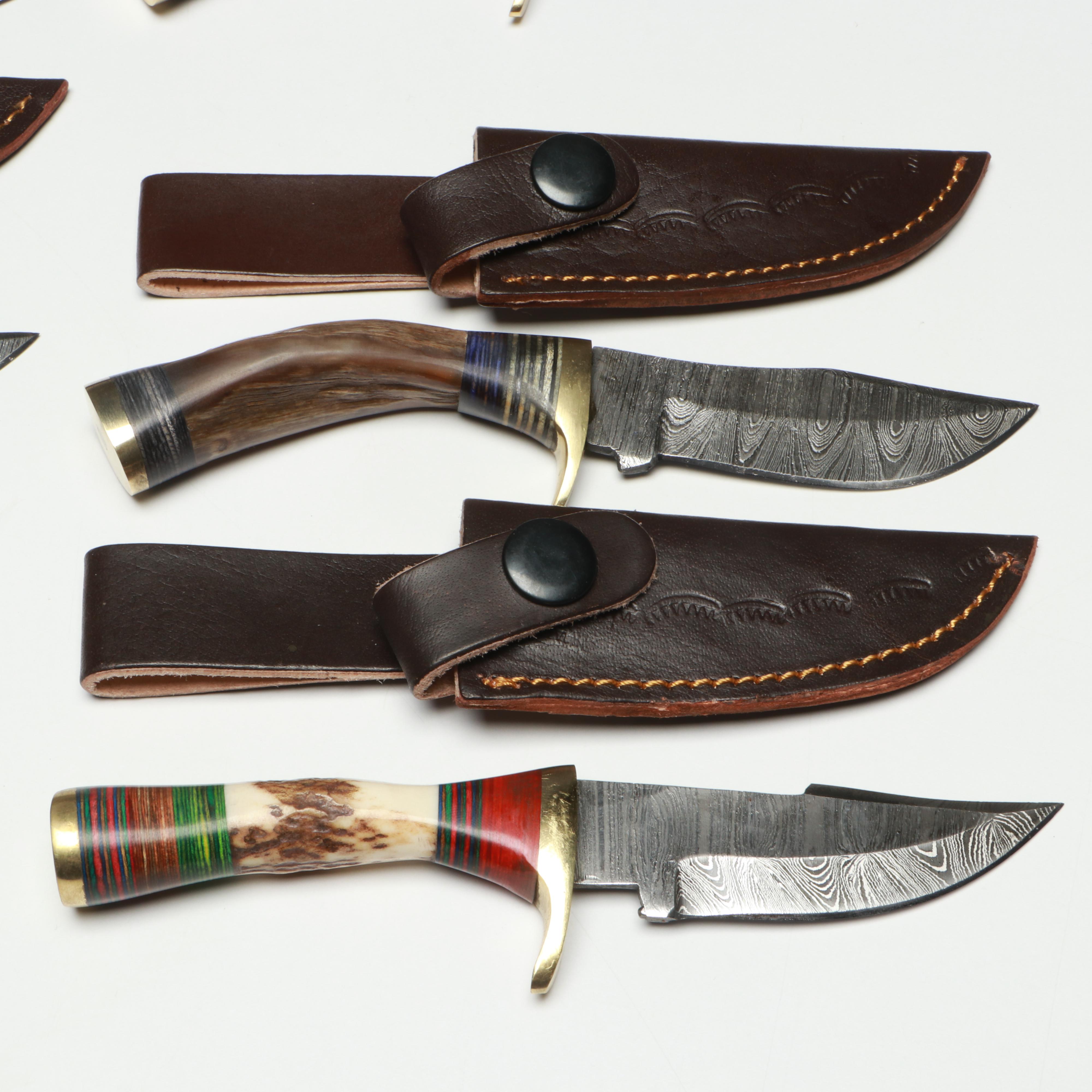 Damascus Steel Skinner Knives in Leather Scabbards