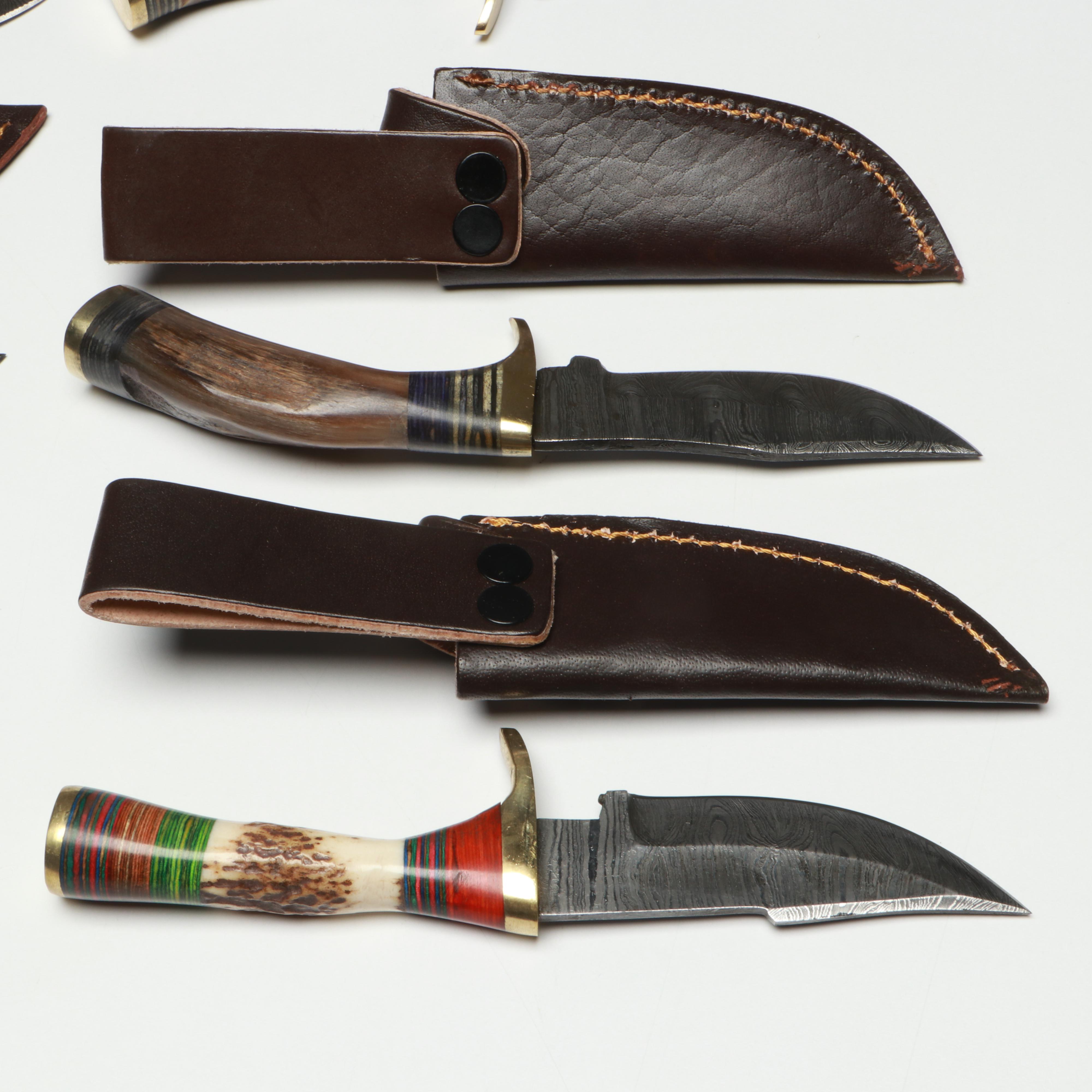 Damascus Steel Skinner Knives in Leather Scabbards