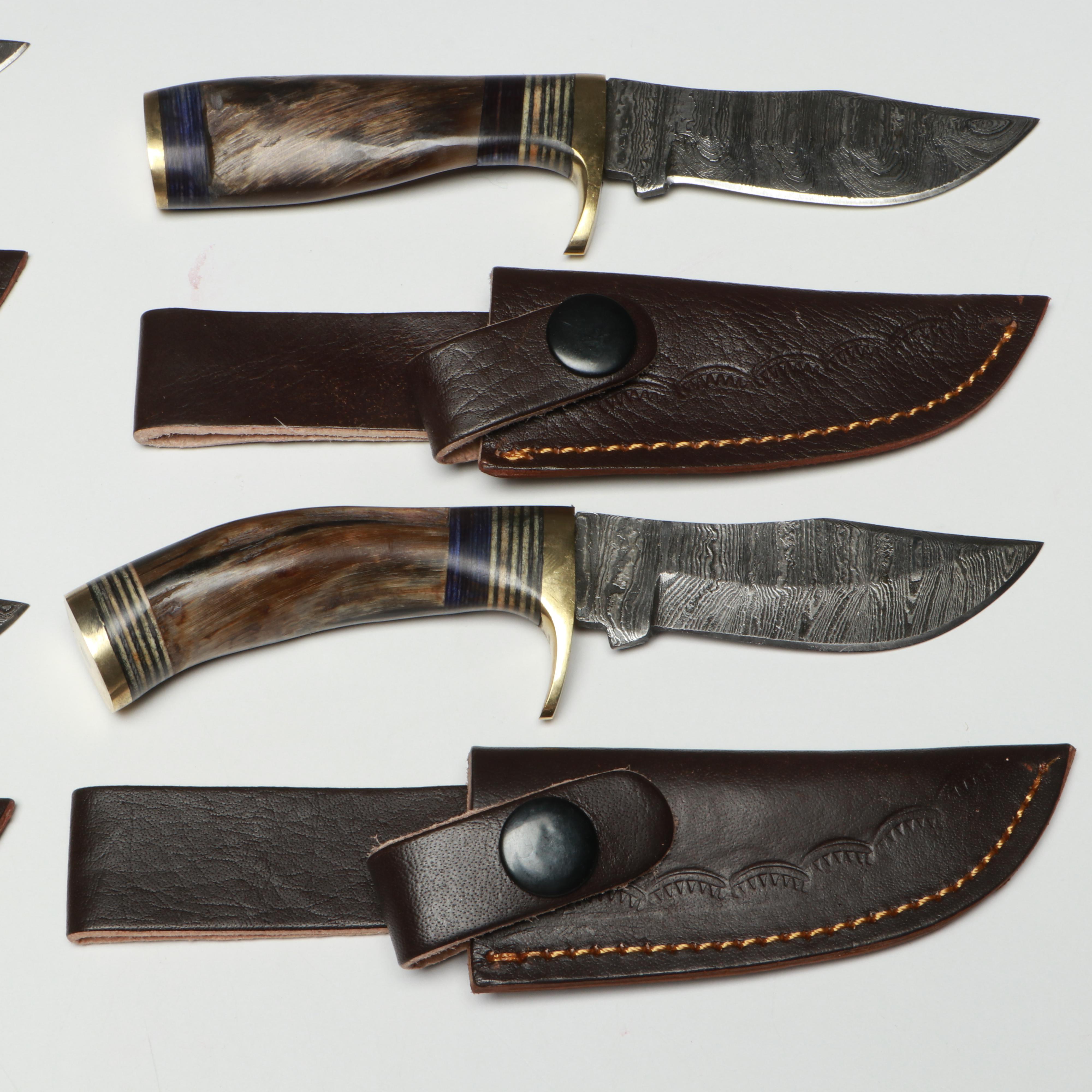 Damascus Steel Skinner Knives in Leather Scabbards