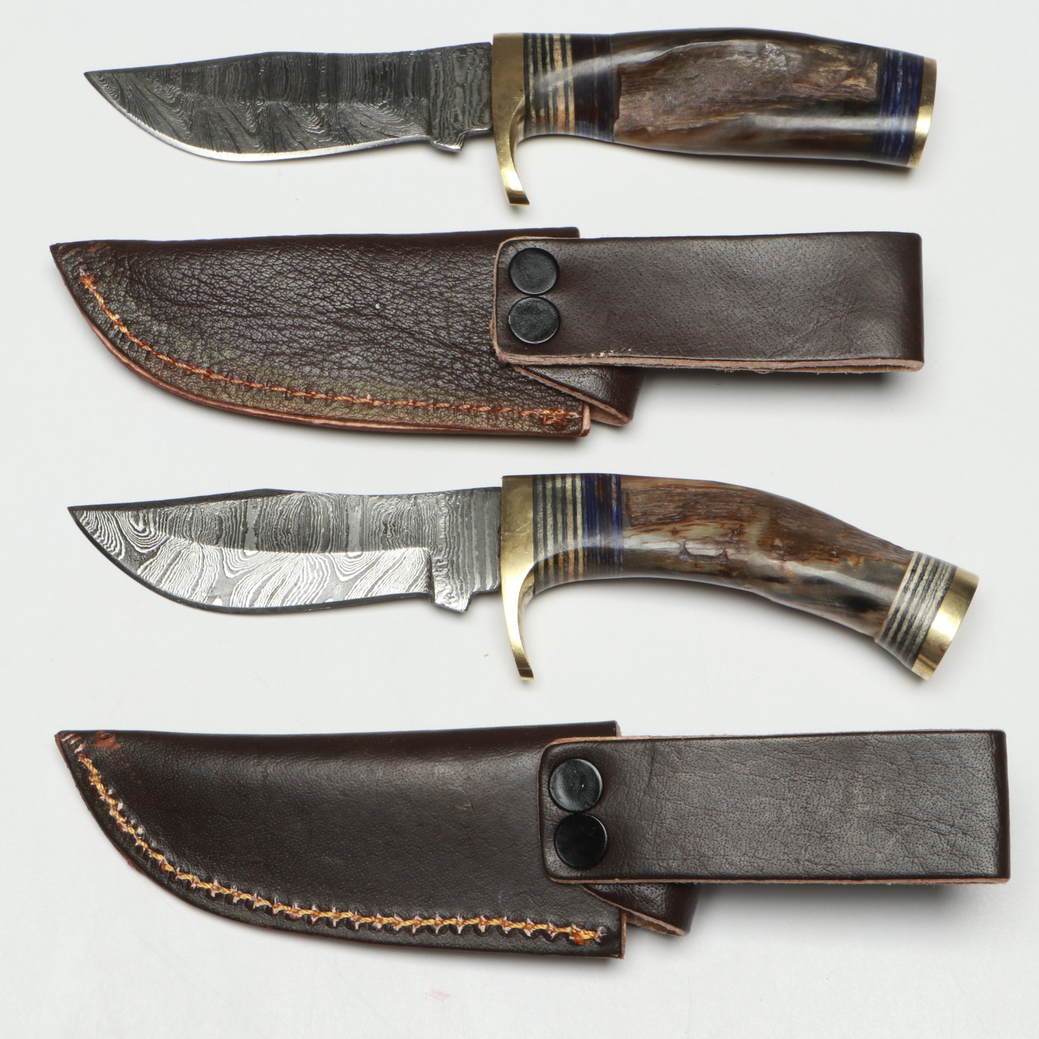 Damascus Steel Skinner Knives in Leather Scabbards