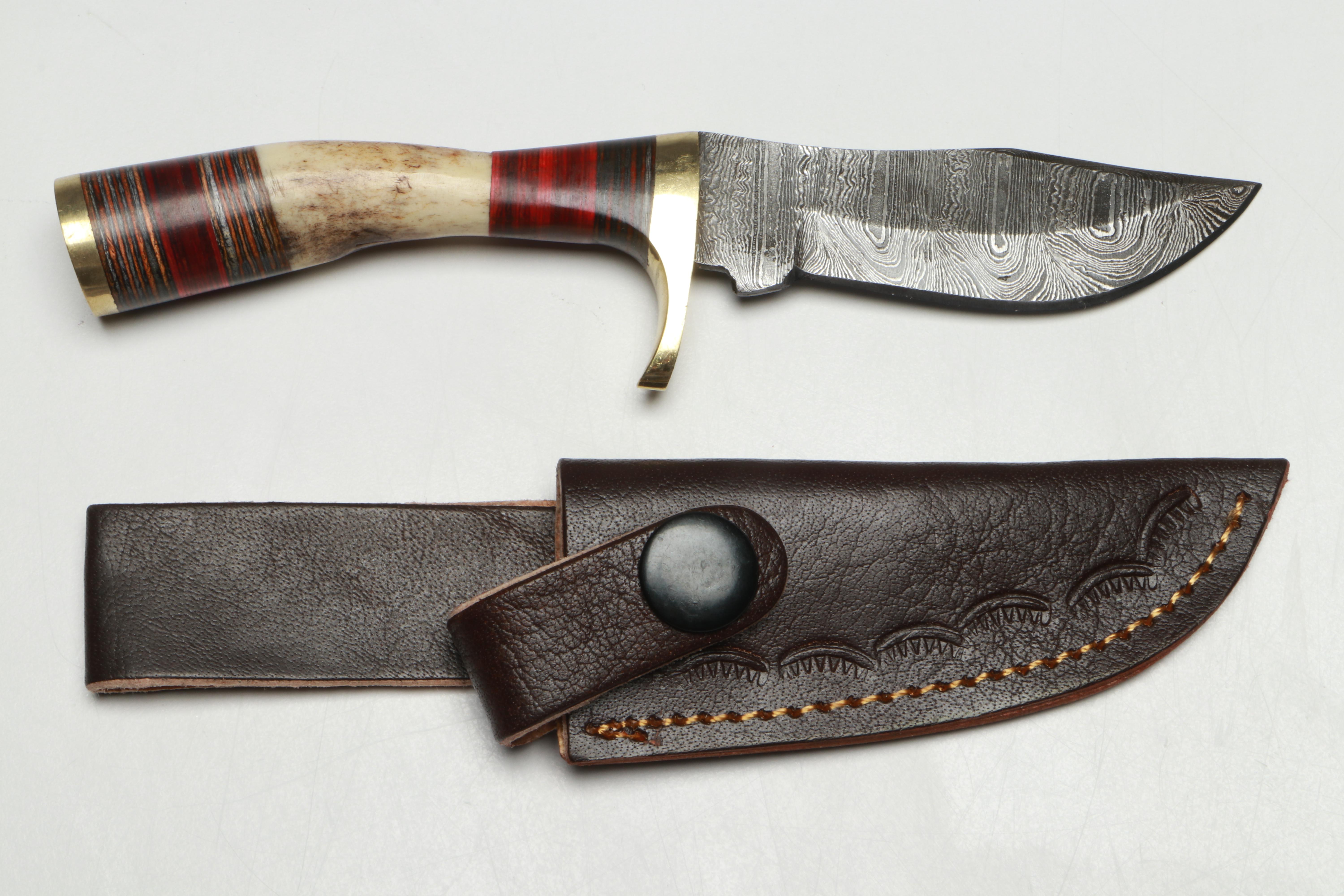 Damascus Steel Skinner Knives in Leather Scabbards