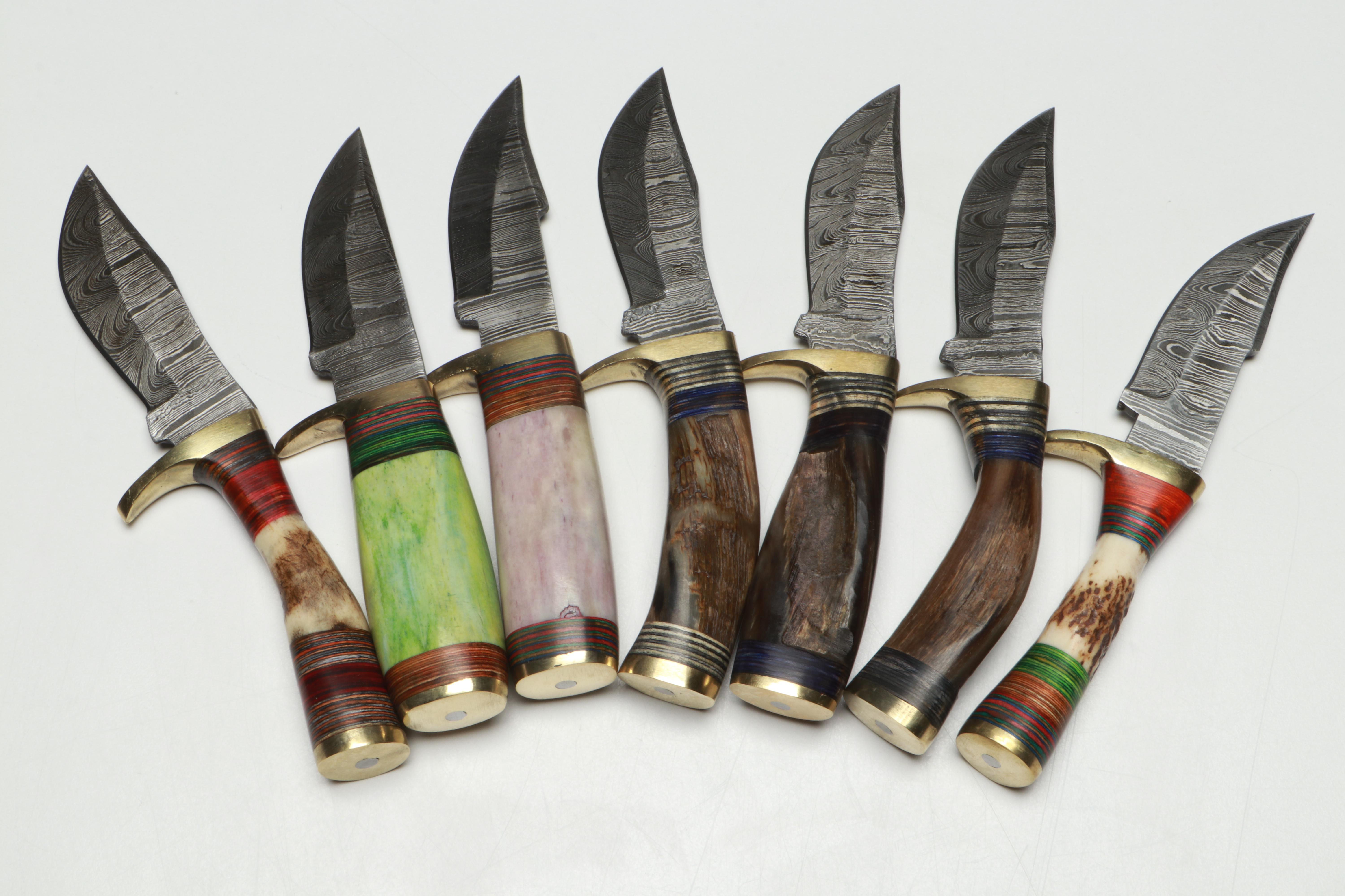Damascus Steel Skinner Knives in Leather Scabbards
