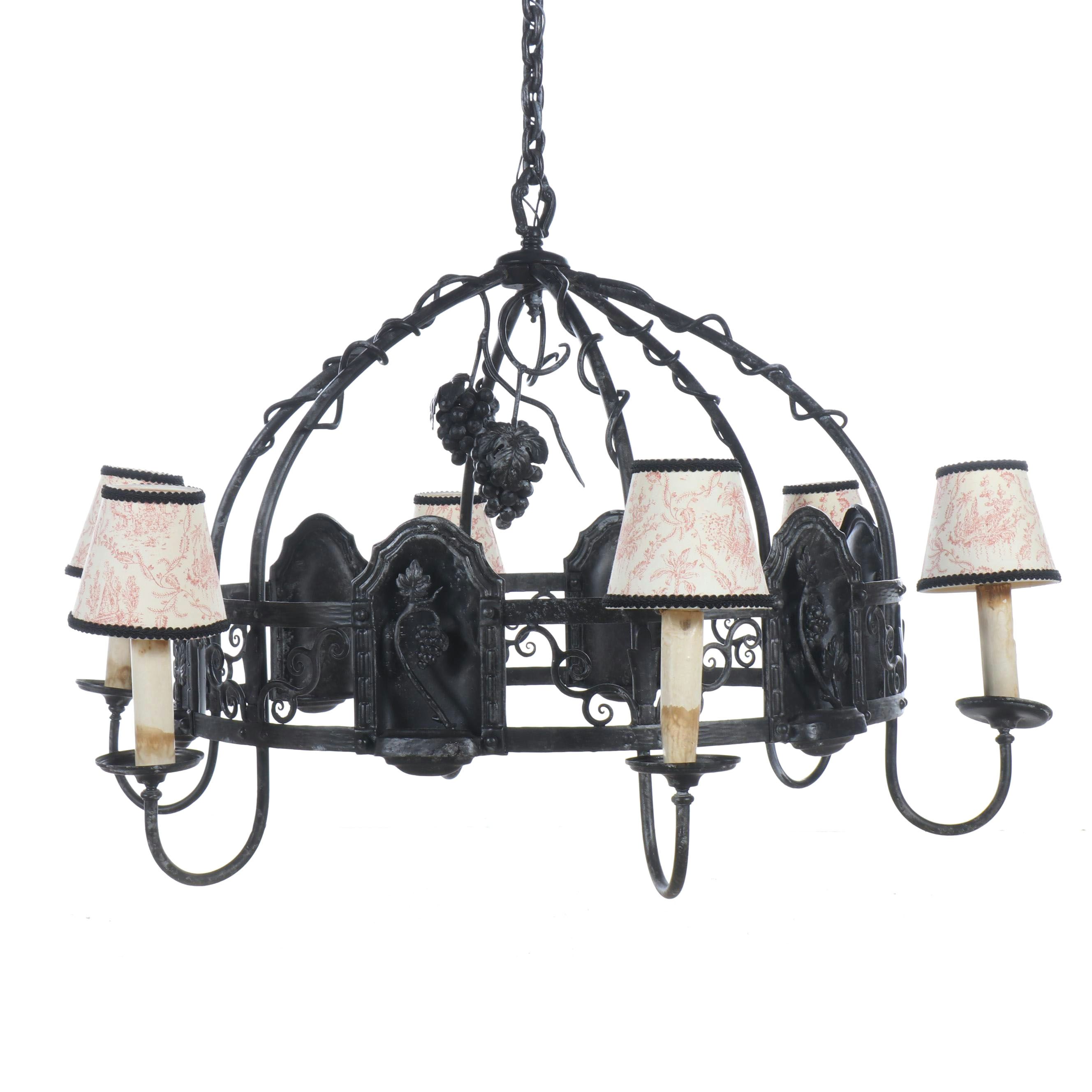 French Provincial Style Metal Grapevine Six-Arm Chandelier, Toile Clip-on Shades
