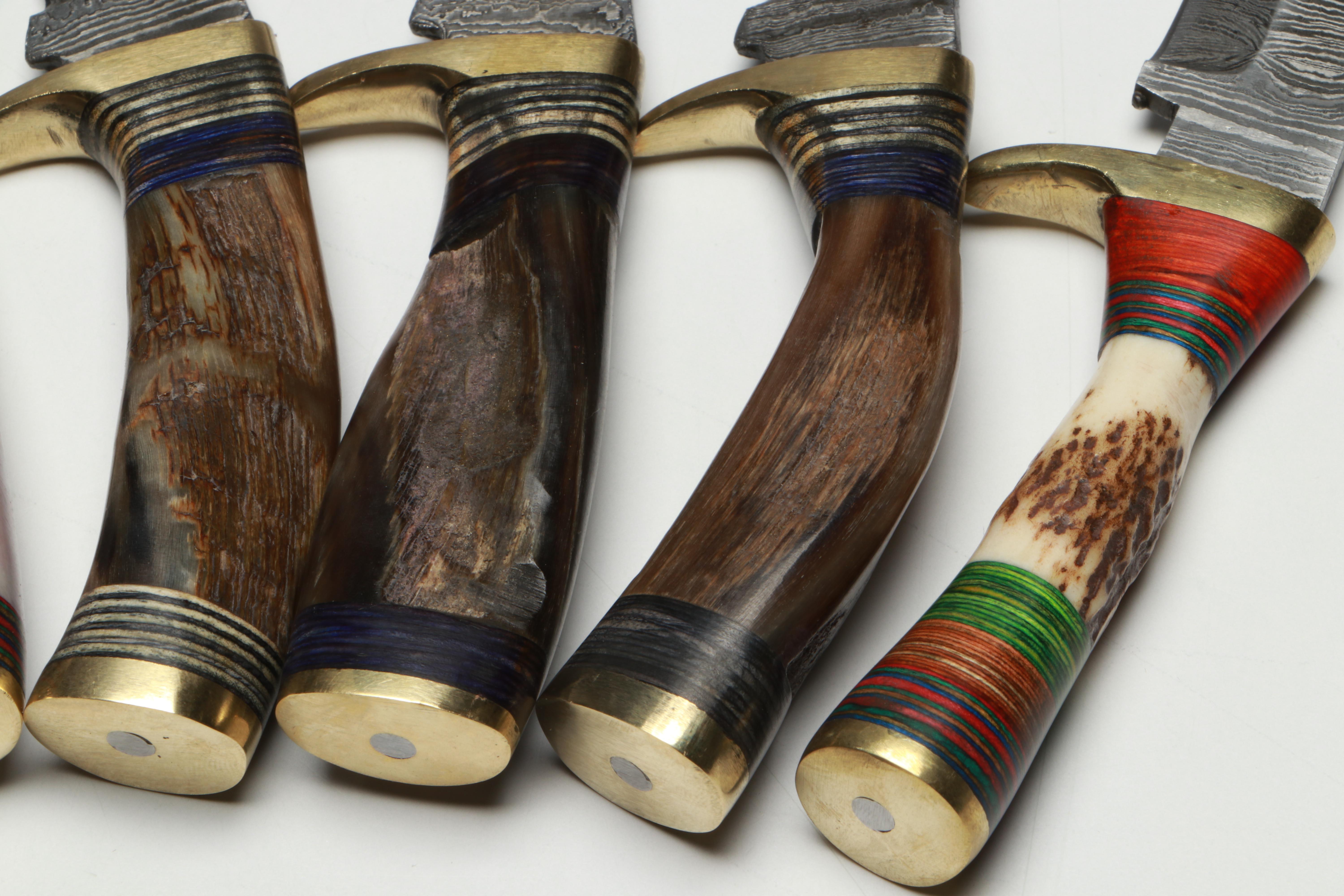 Damascus Steel Skinner Knives in Leather Scabbards