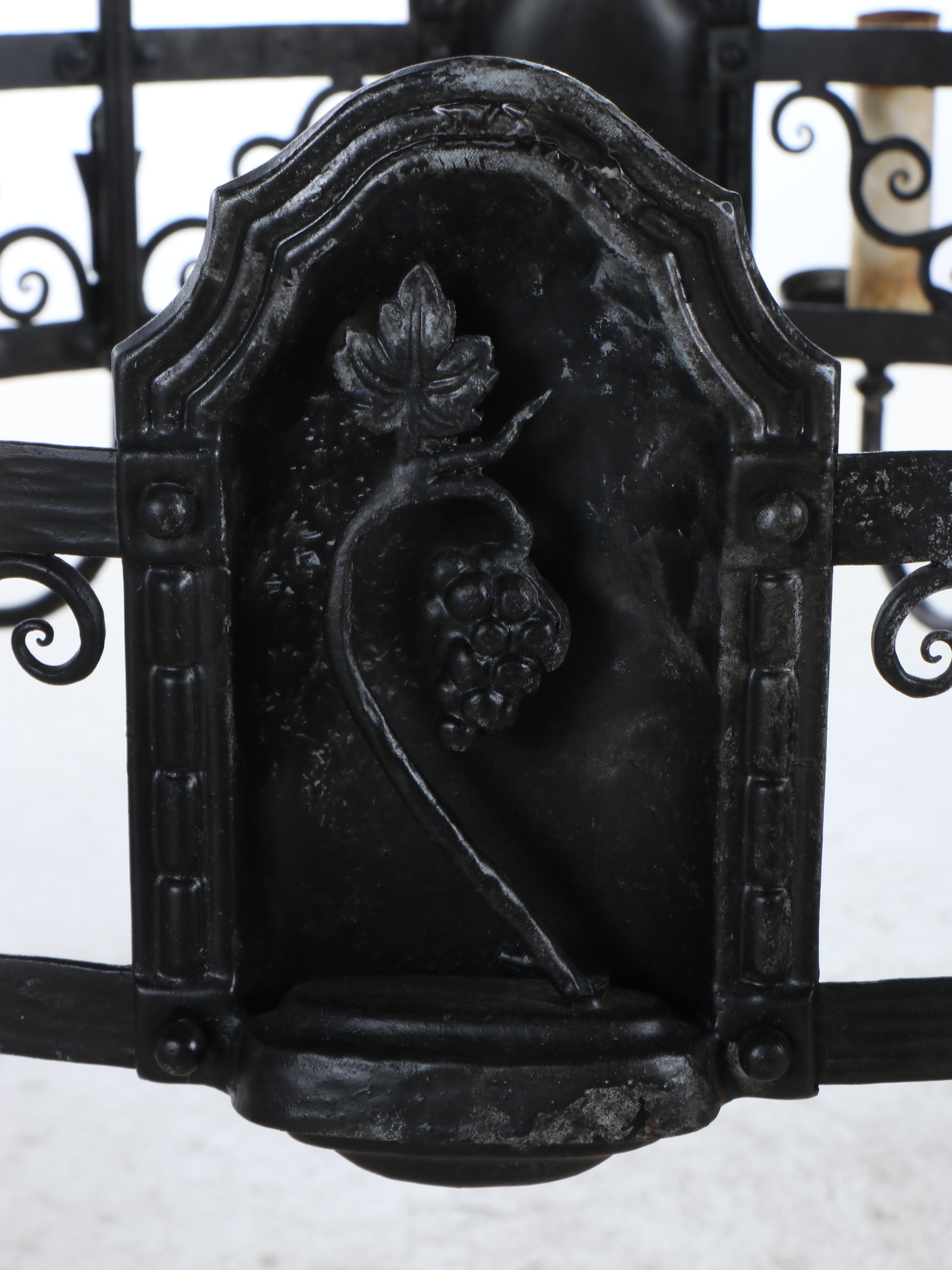 French Provincial Style Metal Grapevine Six-Arm Chandelier, Toile Clip-on Shades