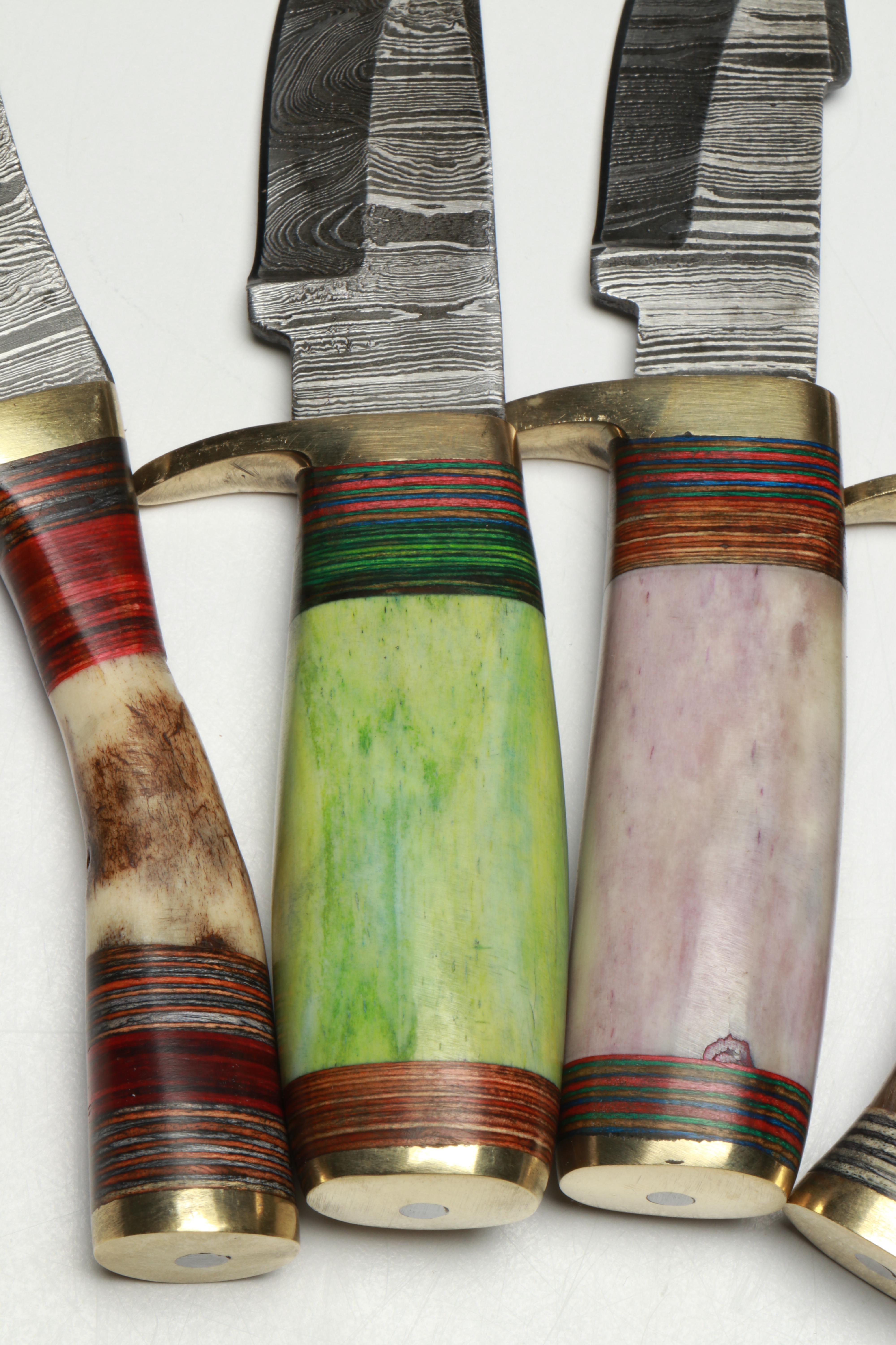 Damascus Steel Skinner Knives in Leather Scabbards