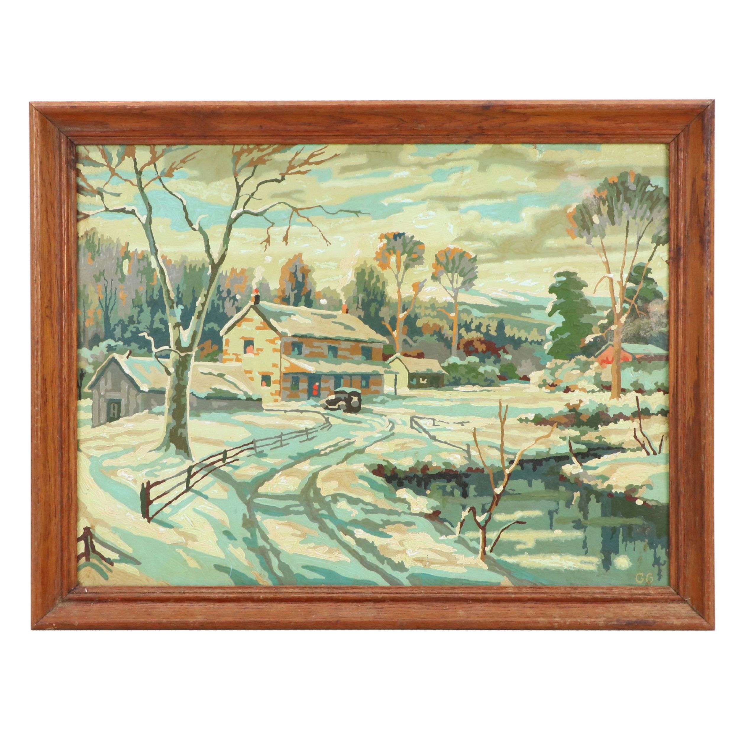 Oil Painting of Wintry Neighborhood Scene, Mid-20th Century
