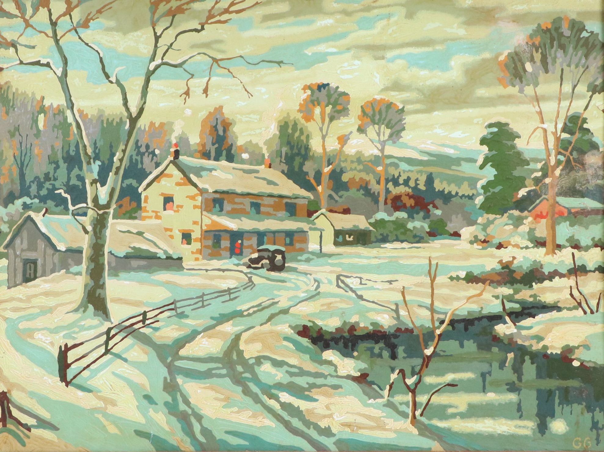 Oil Painting of Wintry Neighborhood Scene, Mid-20th Century