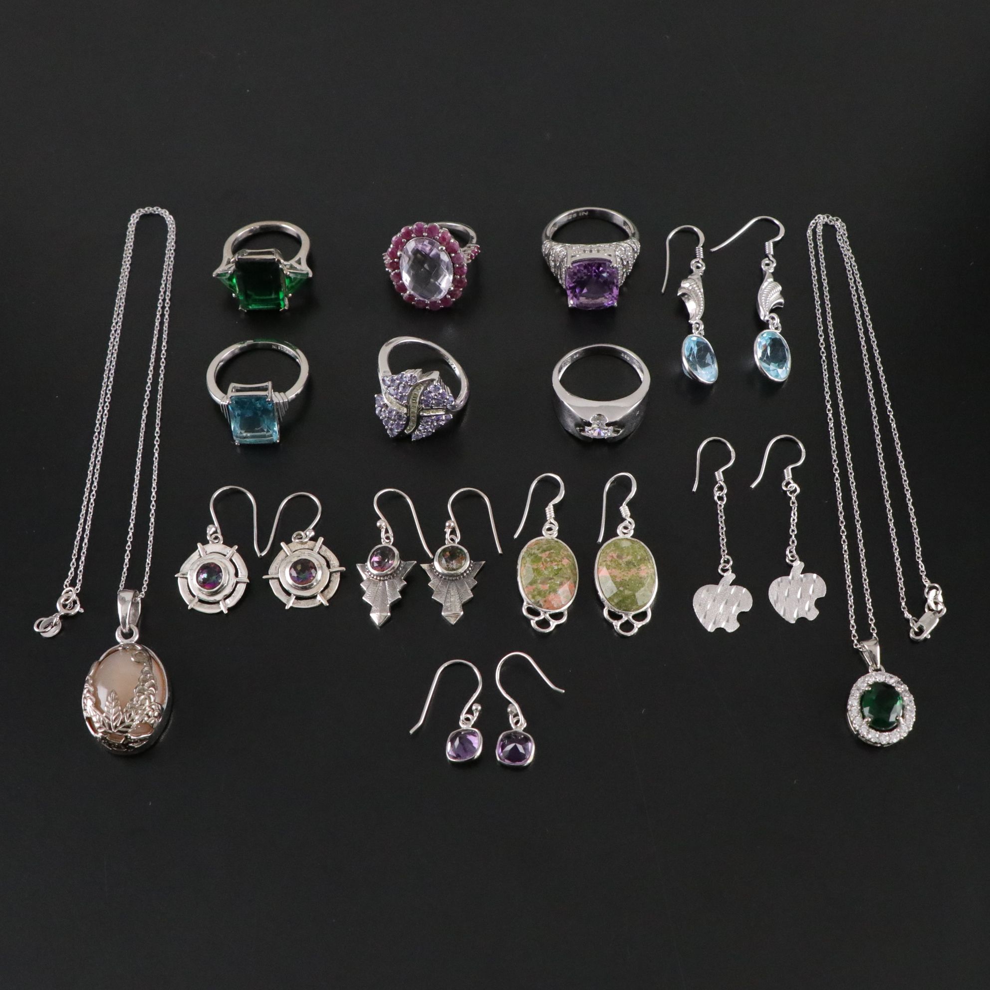 14 Assorted Sterling Silver Rings, Necklaces and Earrings