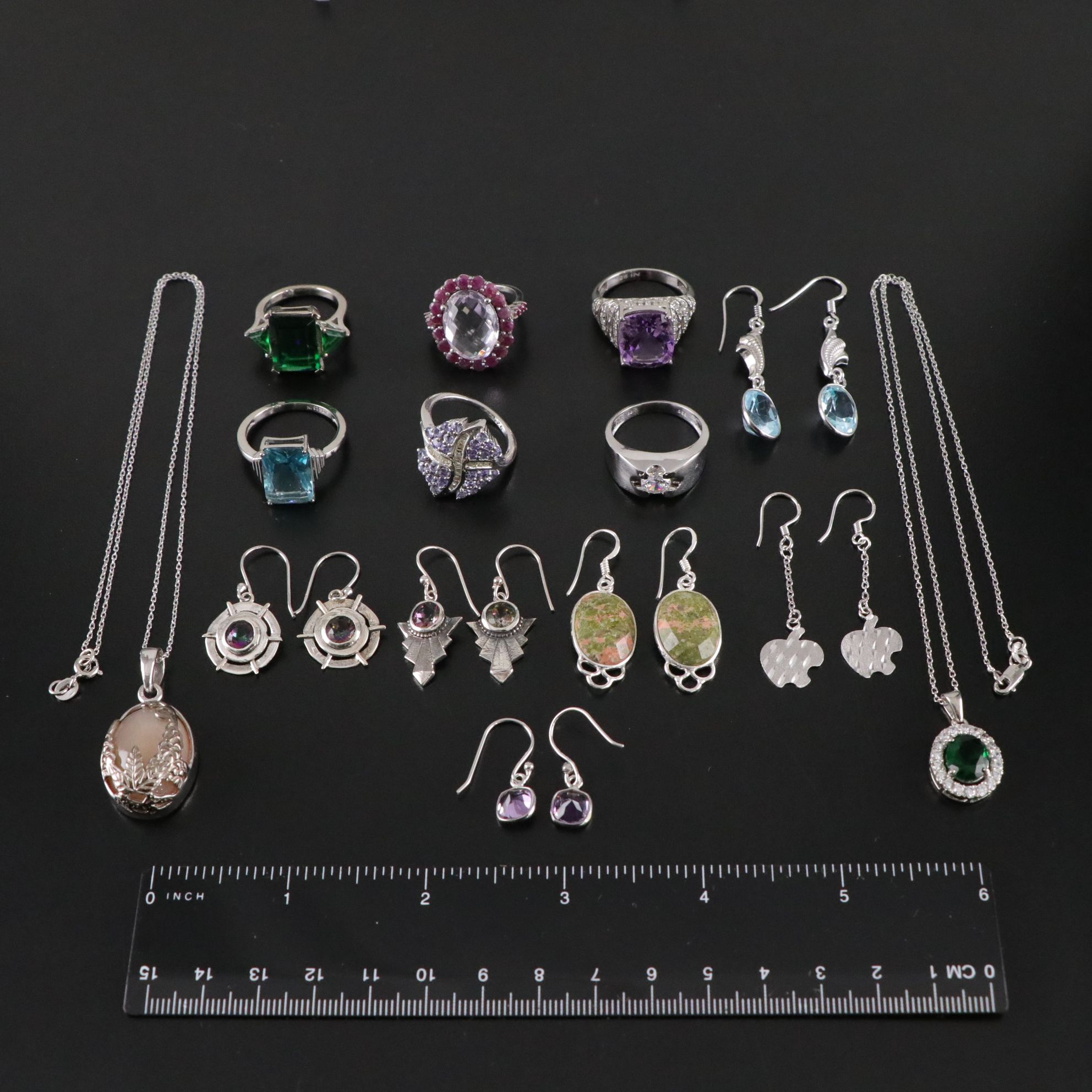 14 Assorted Sterling Silver Rings, Necklaces and Earrings