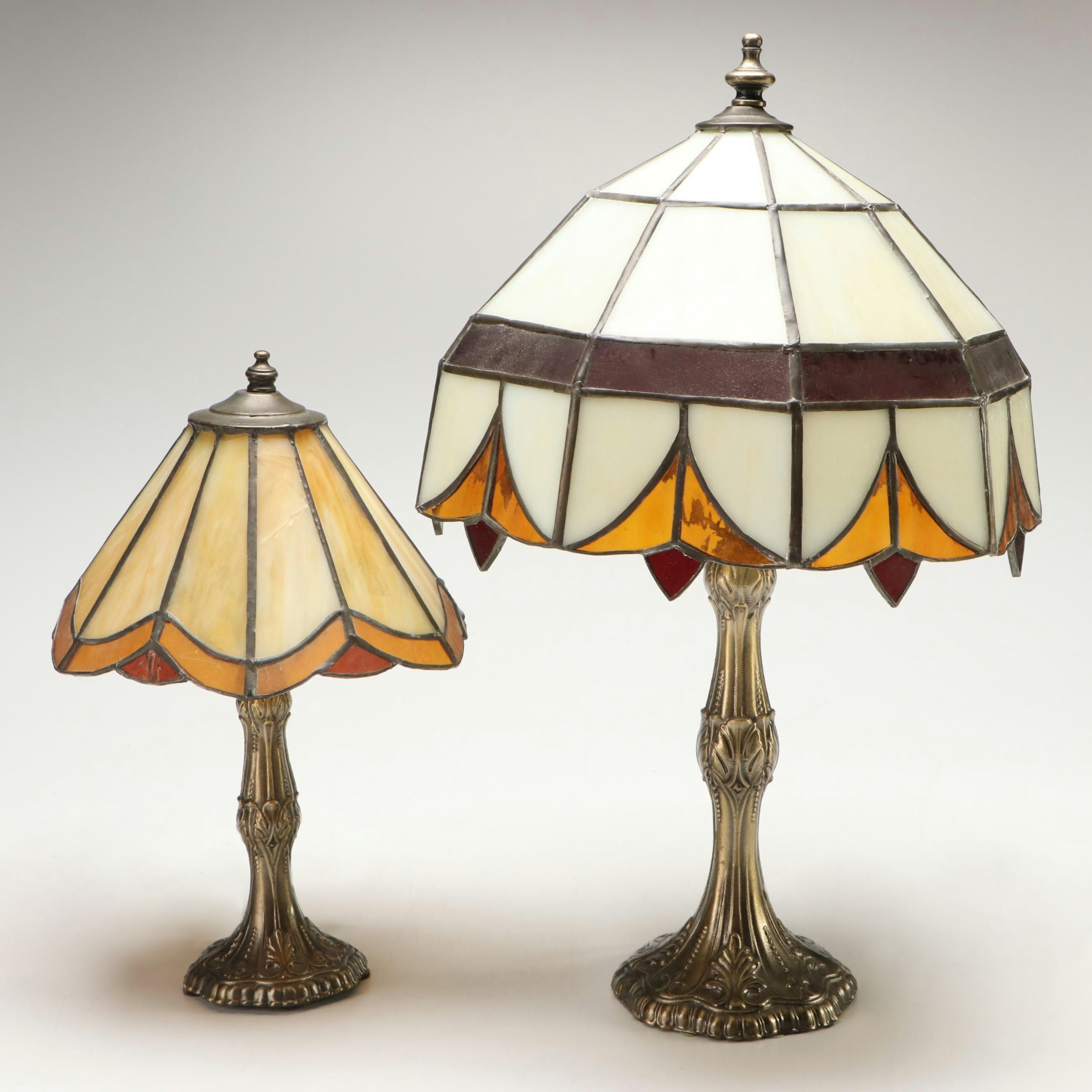 Pair of Brass Finished Metal Table Lamps with Slag Glass Shades