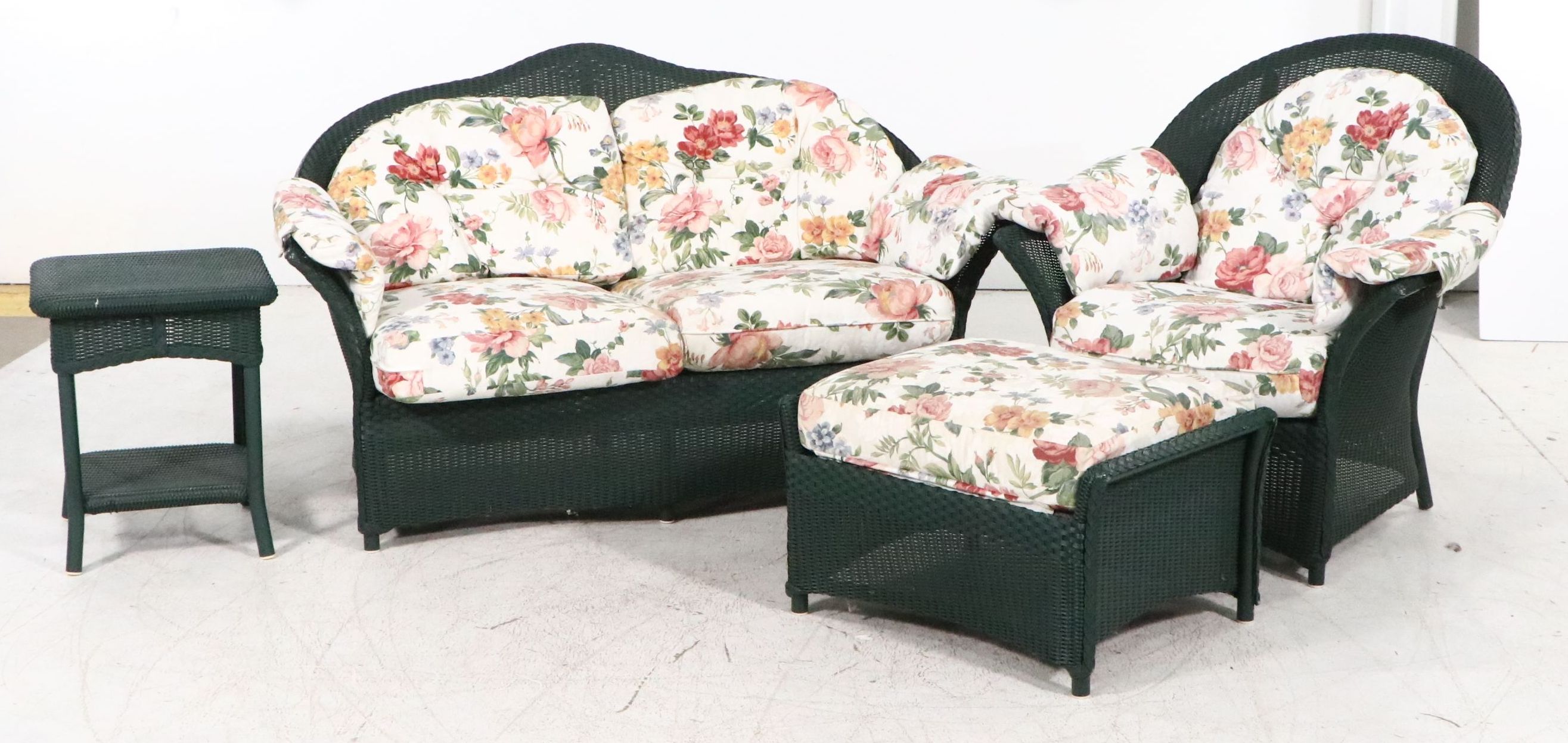 Hunter Green Wicker Patio Set with Loveseat, Armchair, Ottoman and Side Table