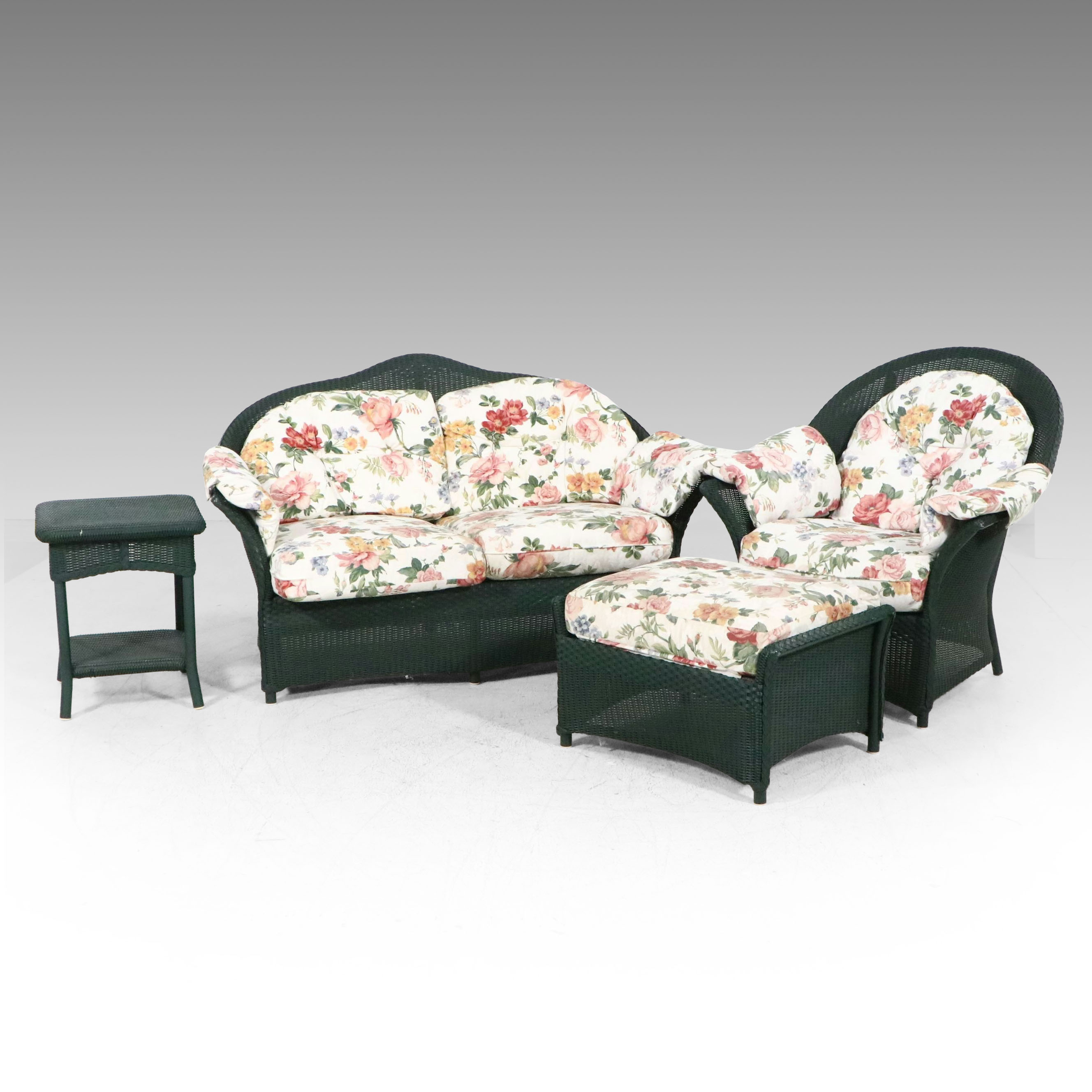 Hunter Green Wicker Patio Set with Loveseat, Armchair, Ottoman and Side Table