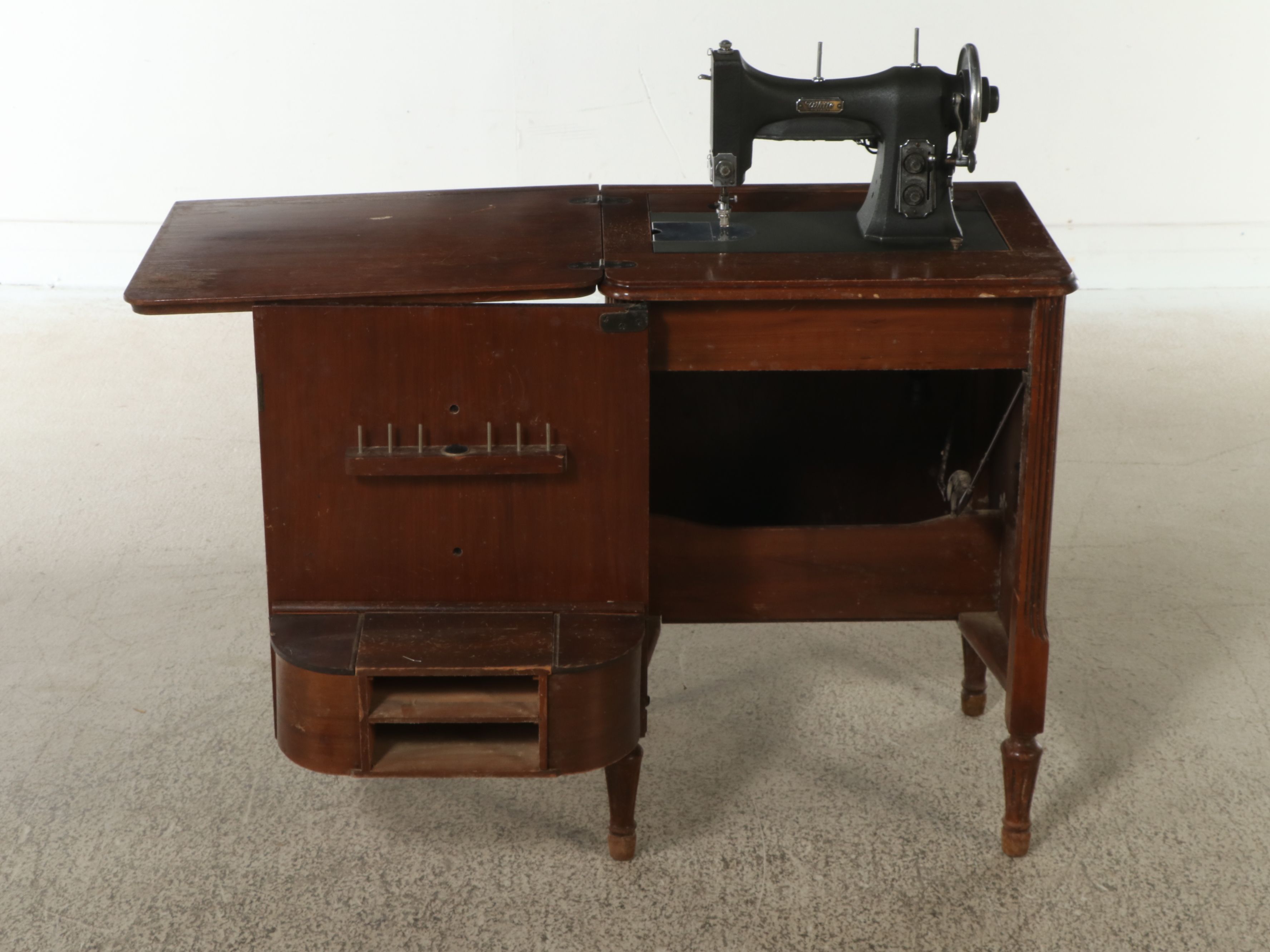 White Rotary Sewing Machine in Wood Cabinet, Early 20th Century