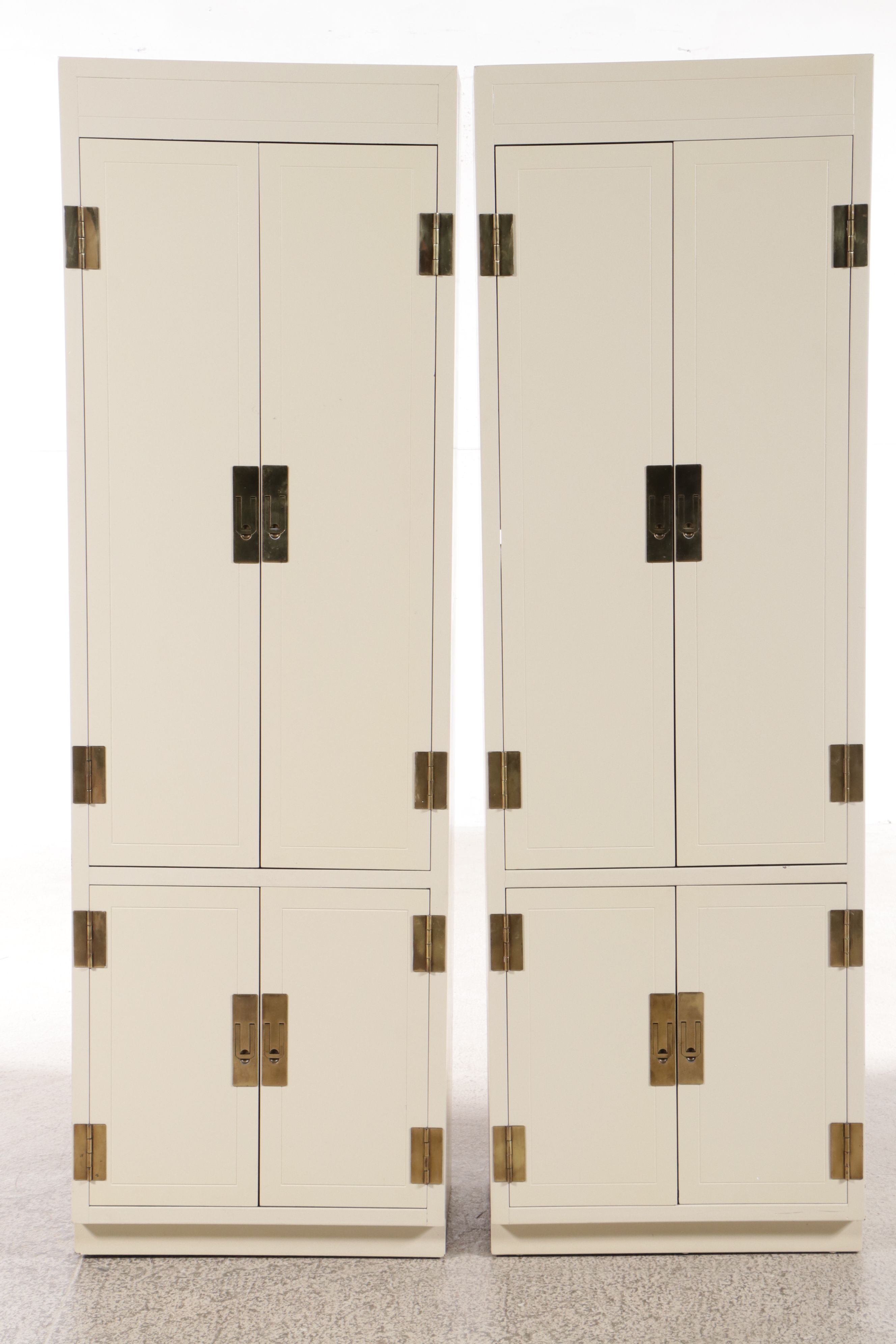 Pair of Mid Century Campaign Painted Wood and Brass Style Cabinets