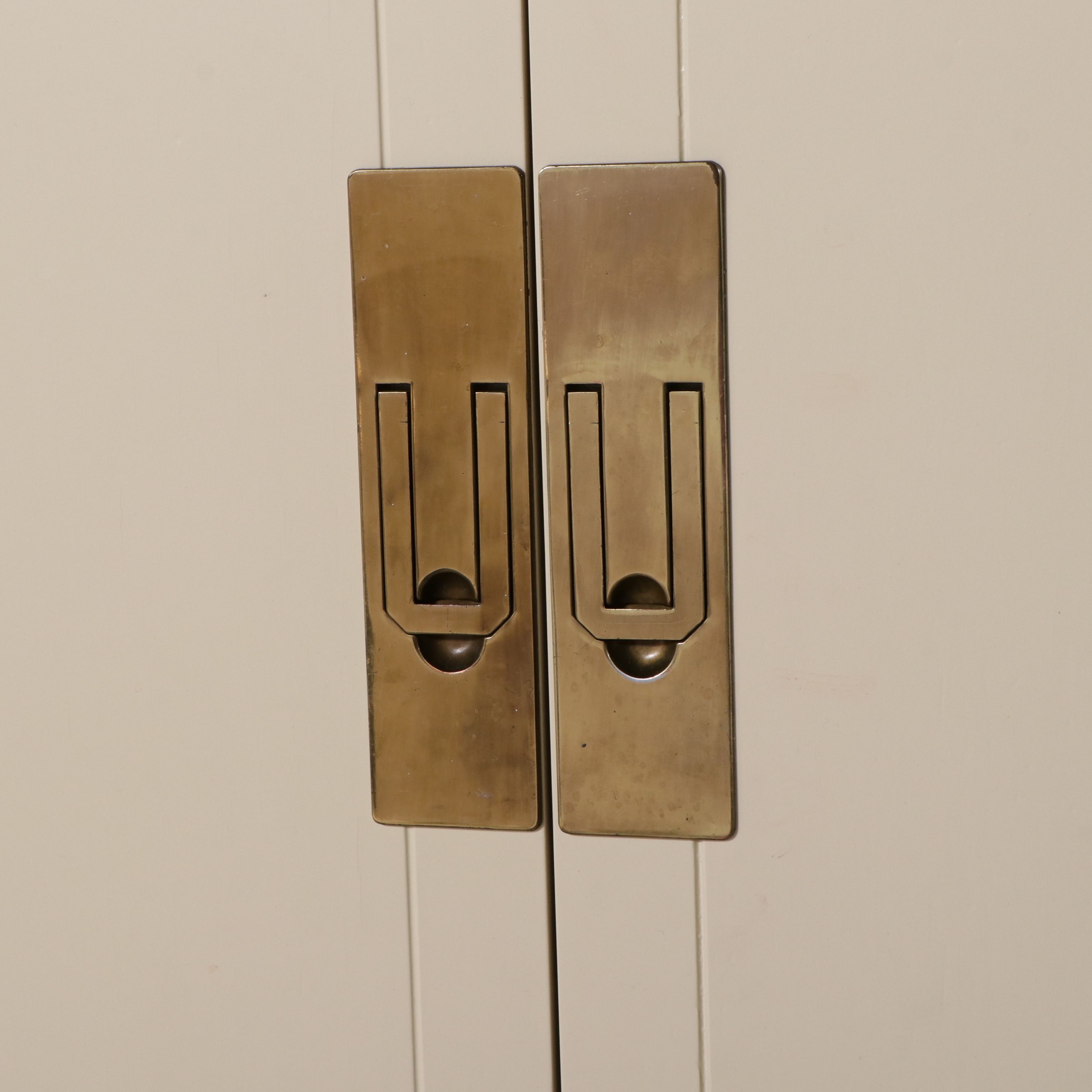 Pair of Mid Century Campaign Painted Wood and Brass Style Cabinets