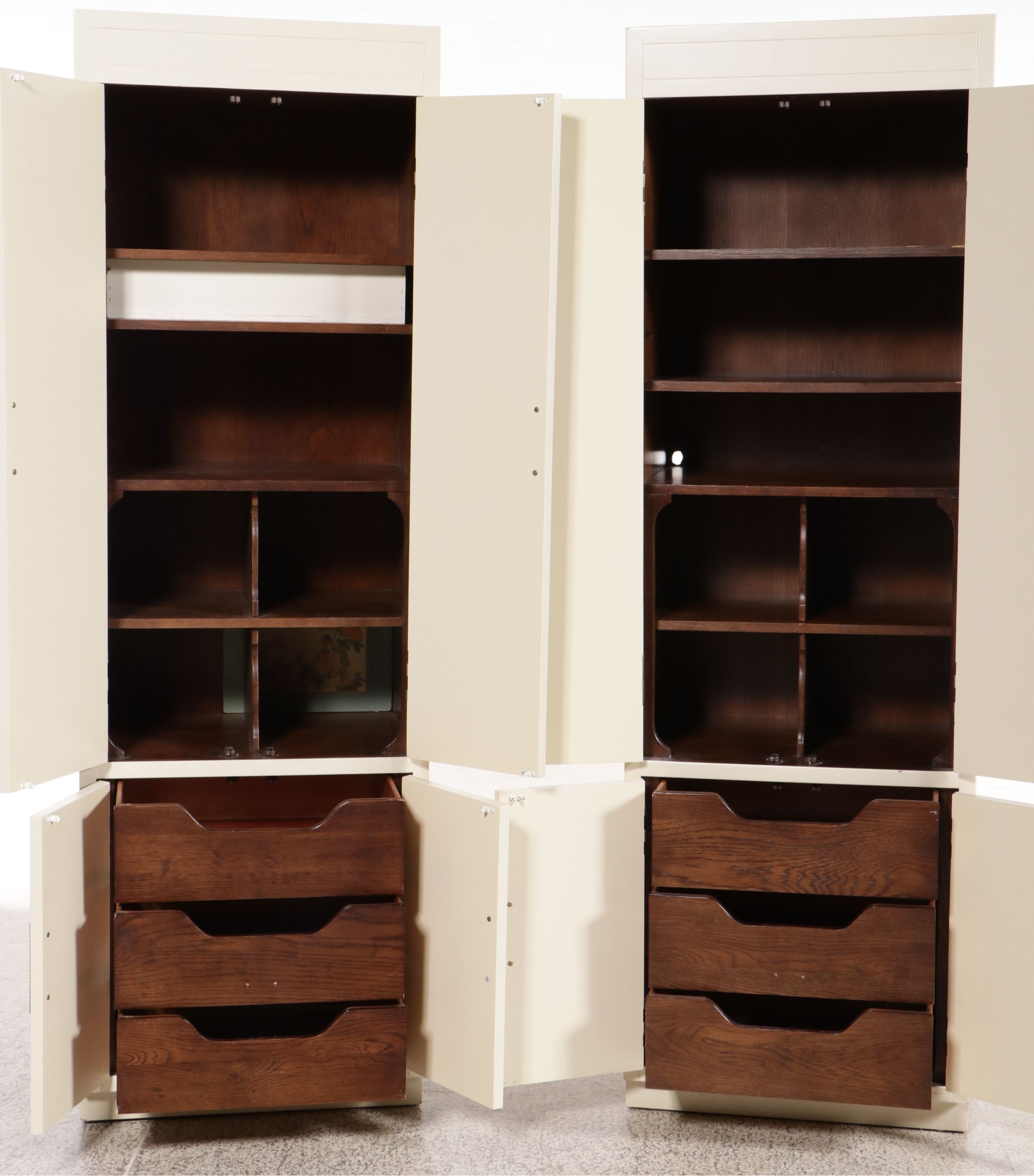Pair of Mid Century Campaign Painted Wood and Brass Style Cabinets