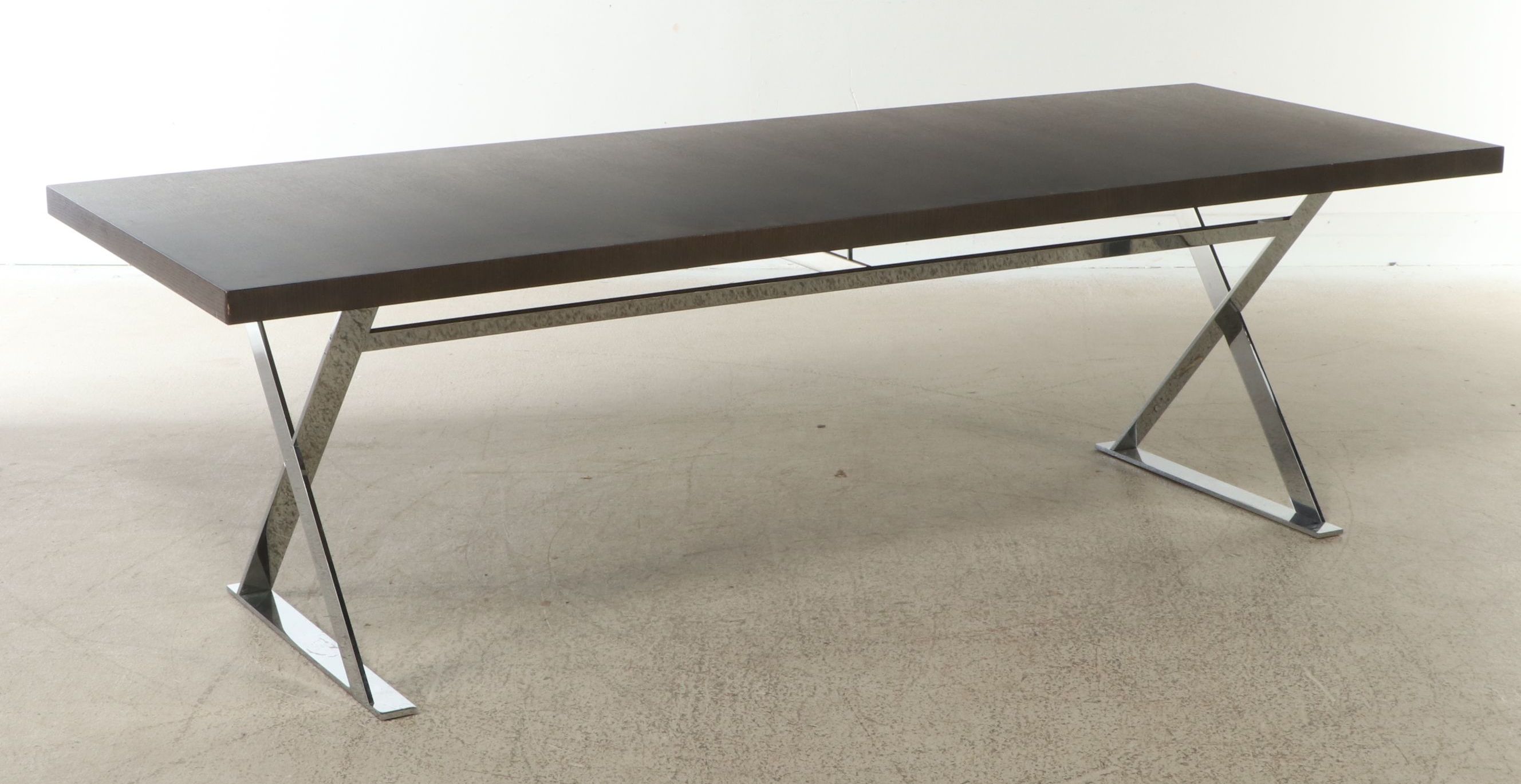 Contemporary Walnut Finish Table with X-Leg Chromed Metal Base