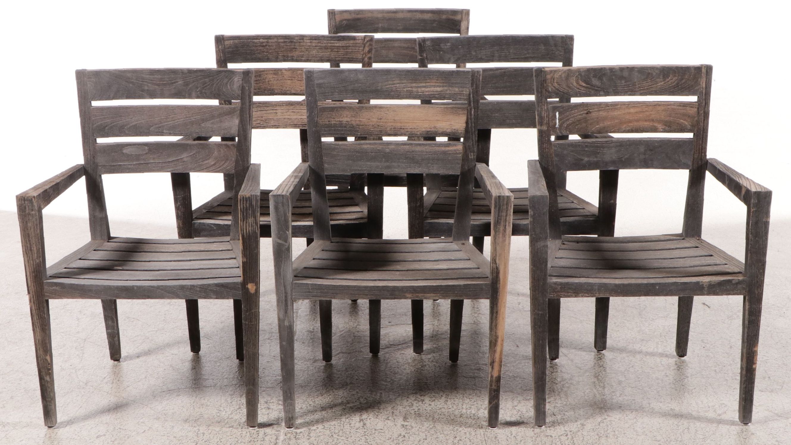 Set of Six Contemporary Weathered Teak Slat-Back Outdoor Dining Armchairs