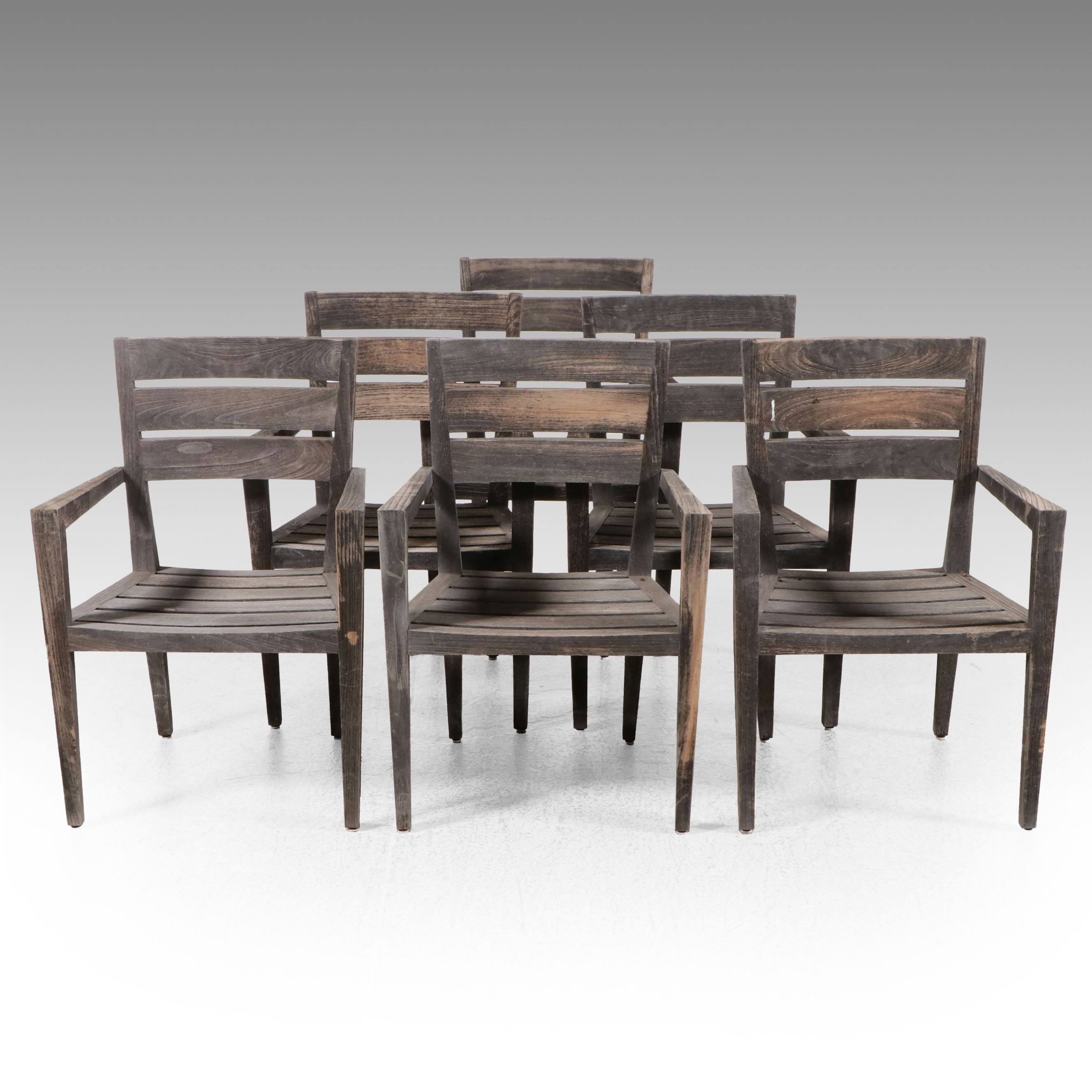 Set of Six Contemporary Weathered Teak Slat-Back Outdoor Dining Armchairs
