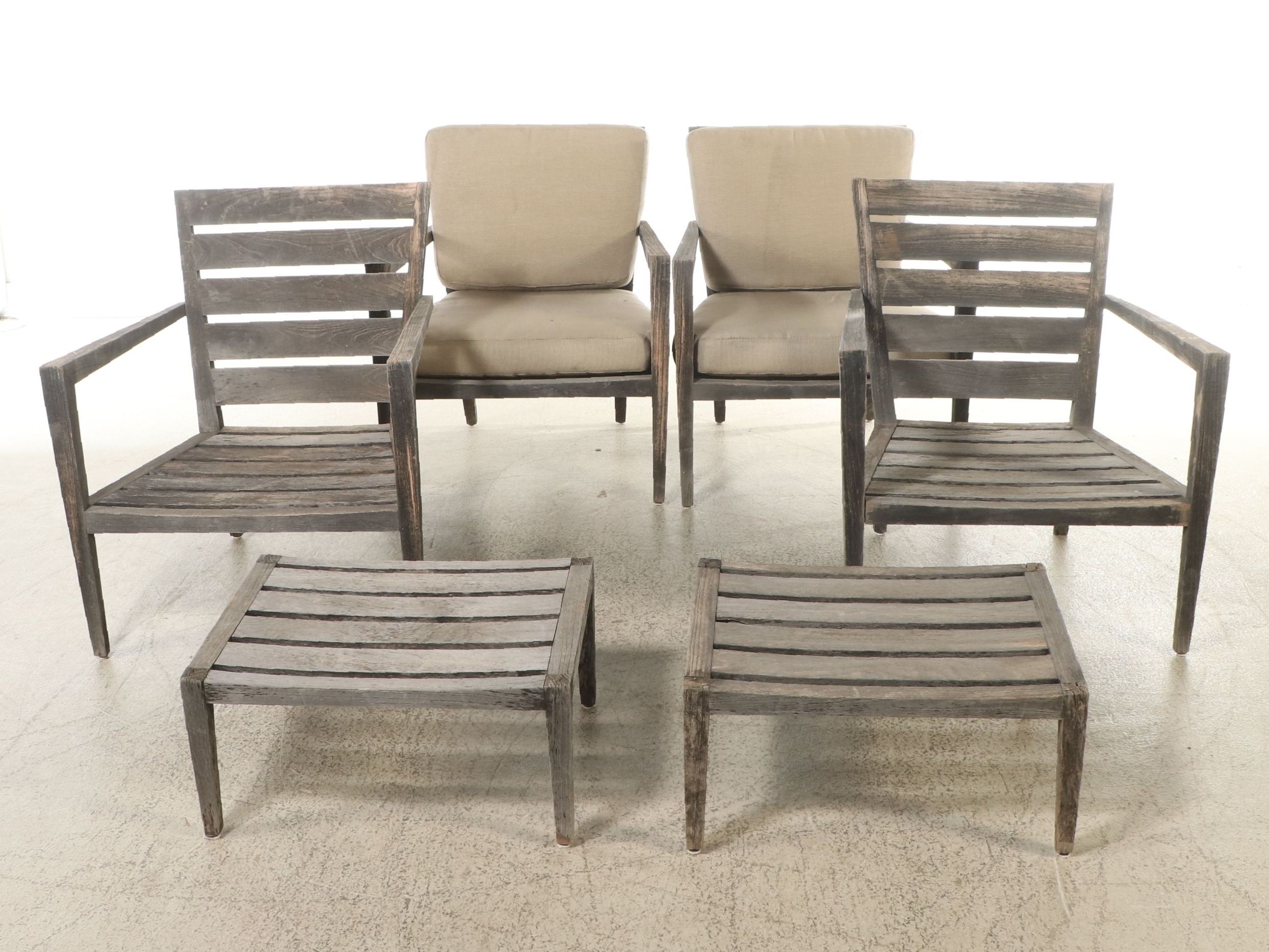 Teak Slat Wood Patio Chairs and Ottomans