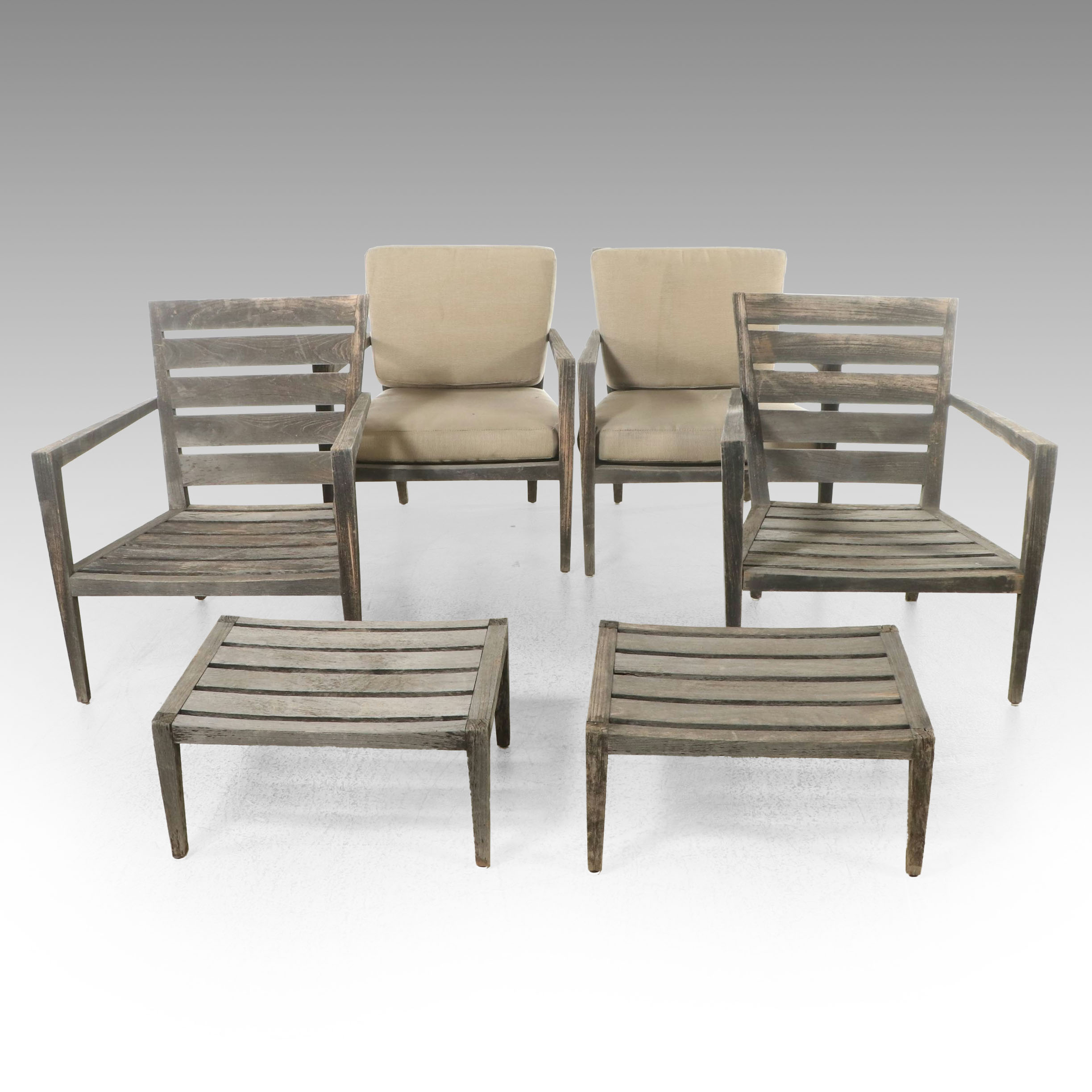 Teak Slat Wood Patio Chairs and Ottomans
