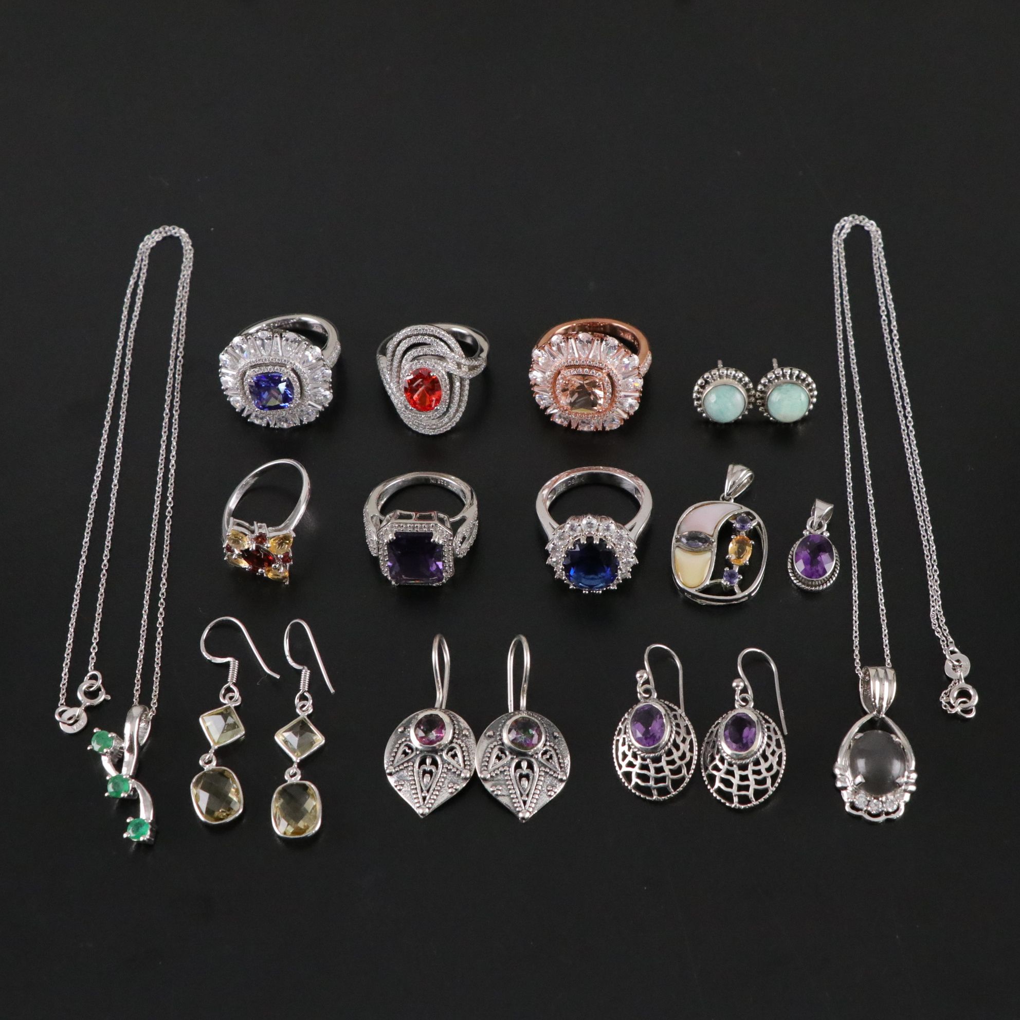 14 Assorted Sterling Silver Rings, Necklaces and Earrings