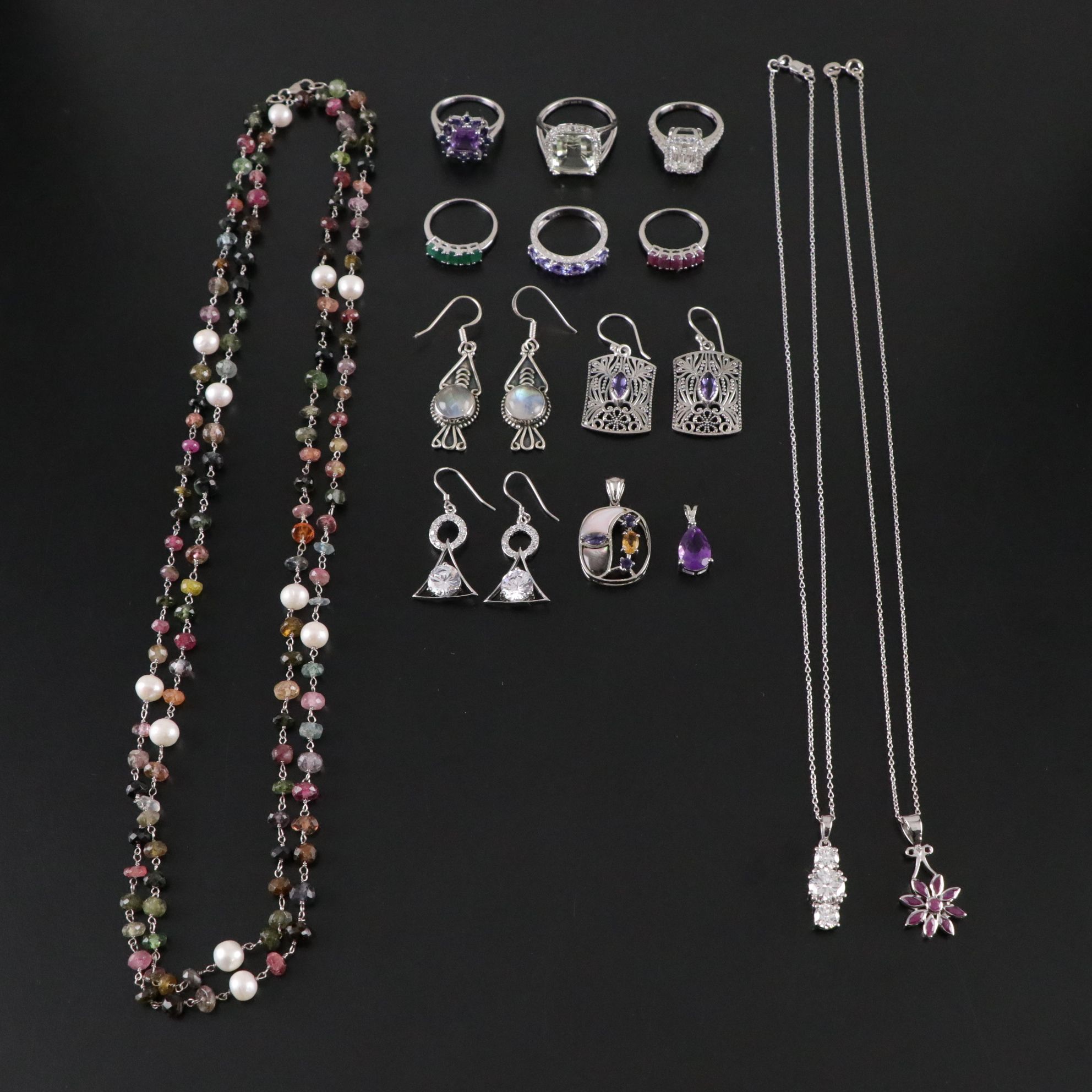 14 Assorted Sterling Silver Rings, Necklaces and Earrings