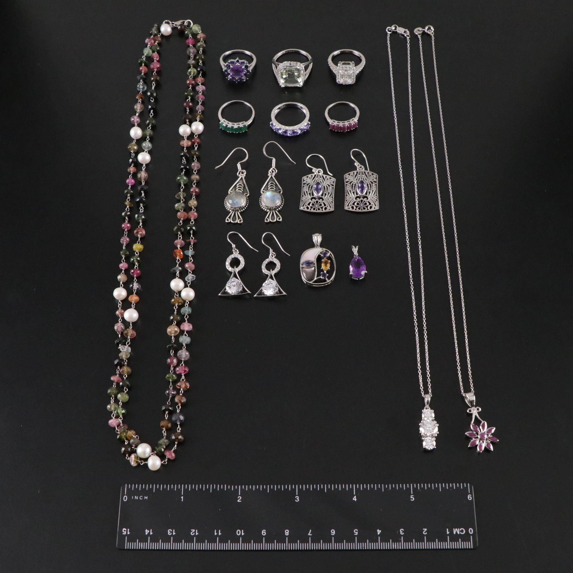 14 Assorted Sterling Silver Rings, Necklaces and Earrings