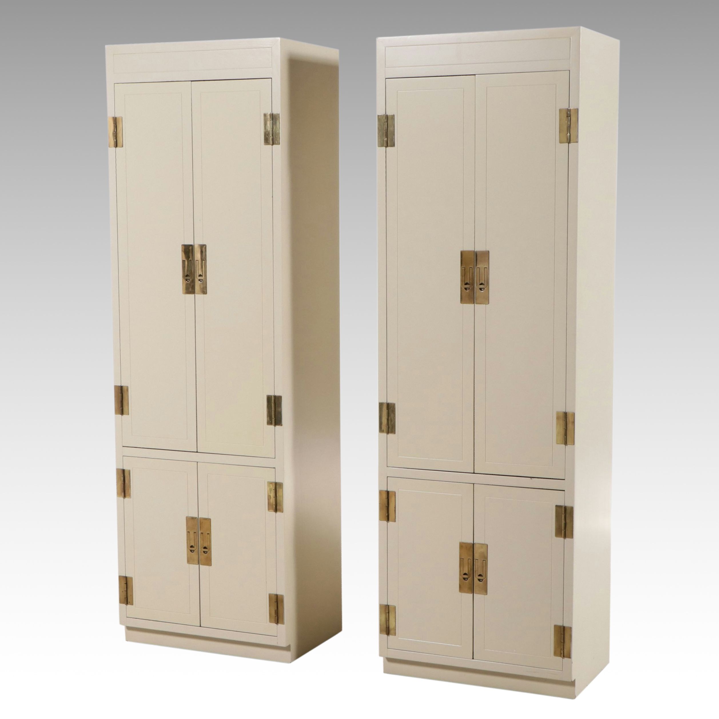 Pair of Mid Century Campaign Painted Wood and Brass Style Cabinets