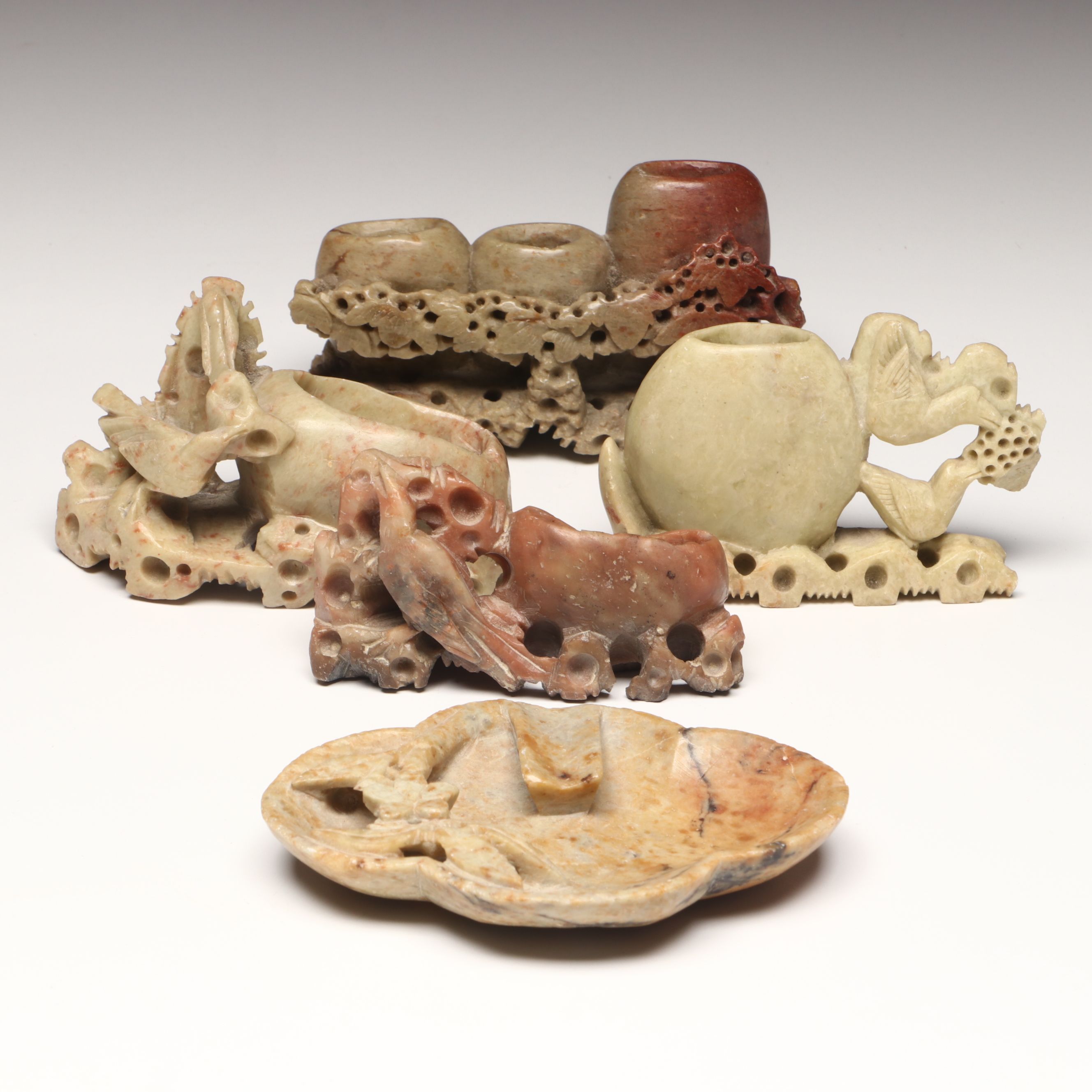 Carved Soapstone Brush Pots and Ashtray