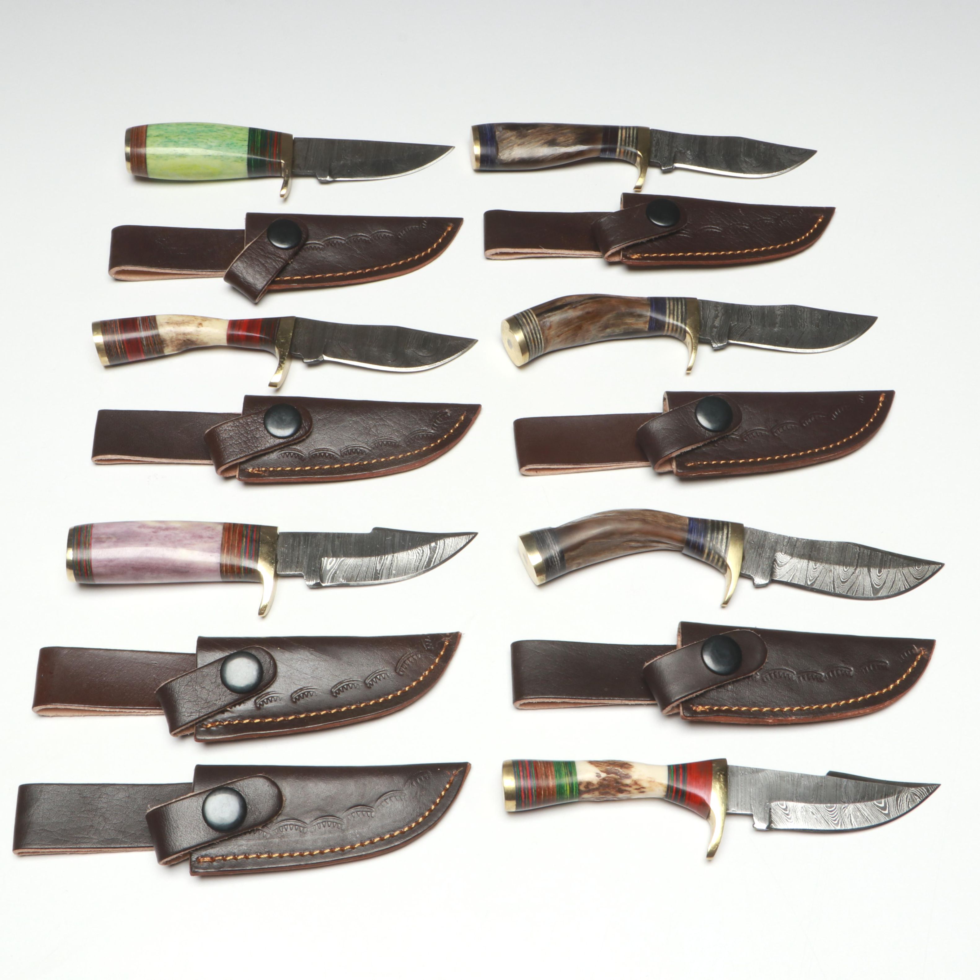 Damascus Steel Skinner Knives in Leather Scabbards