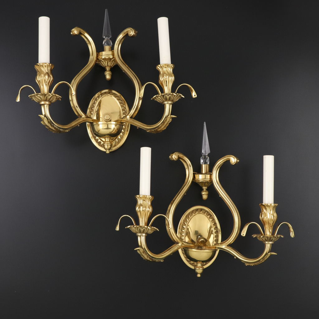 Pair of Empire Style Lacquered Brass Candlestick Wall Sconces