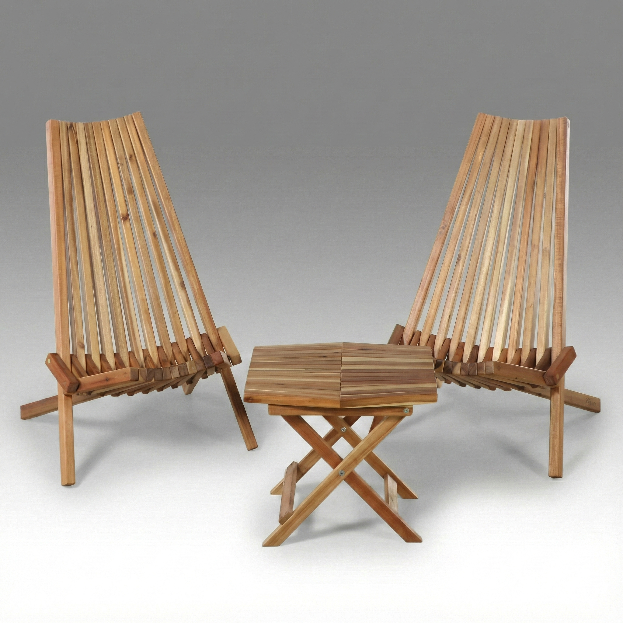 Melino Acacia Wood Longback Folding Chairs with Accent Table, 21st C.