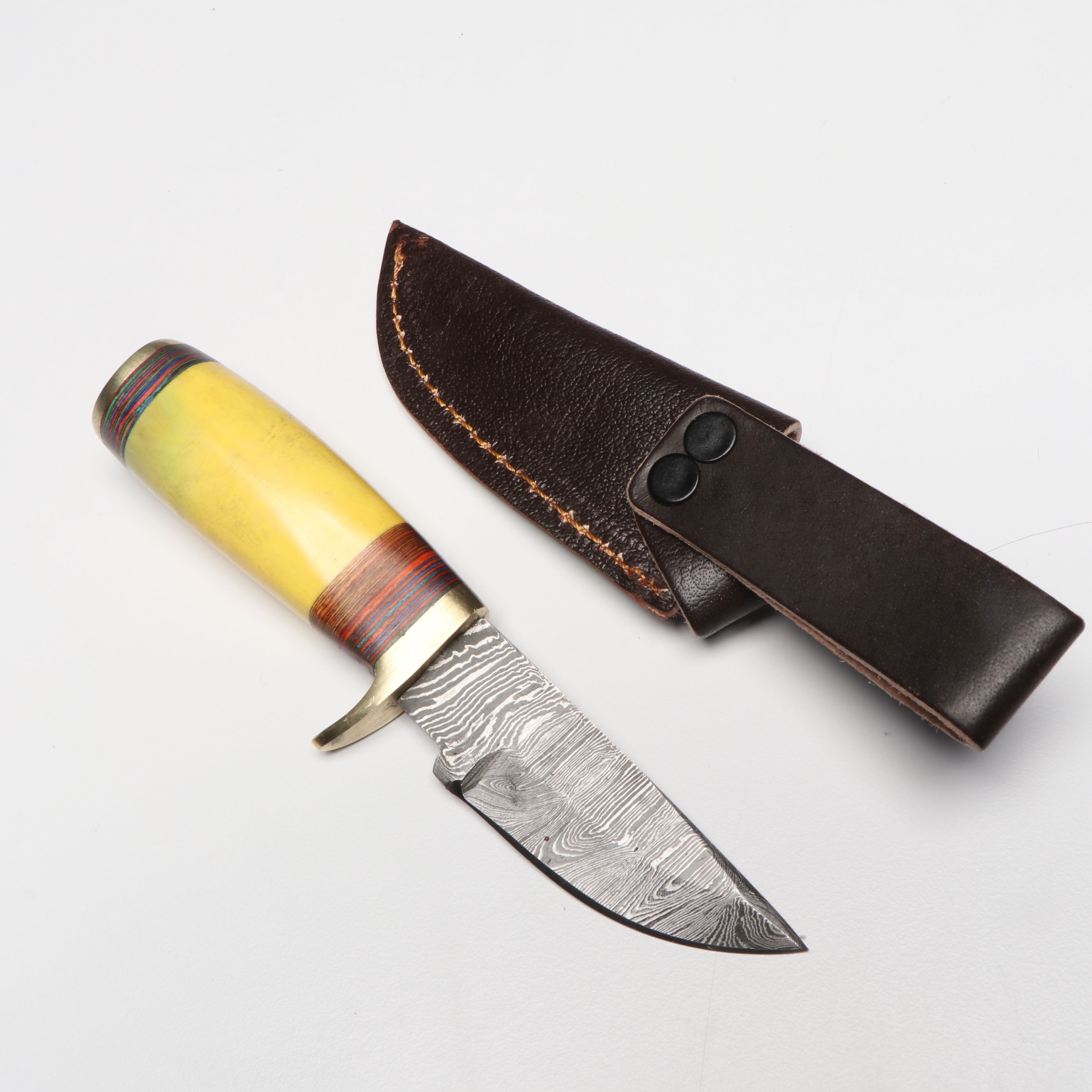 Damascus Steel Skinner Knives in Leather Scabbards