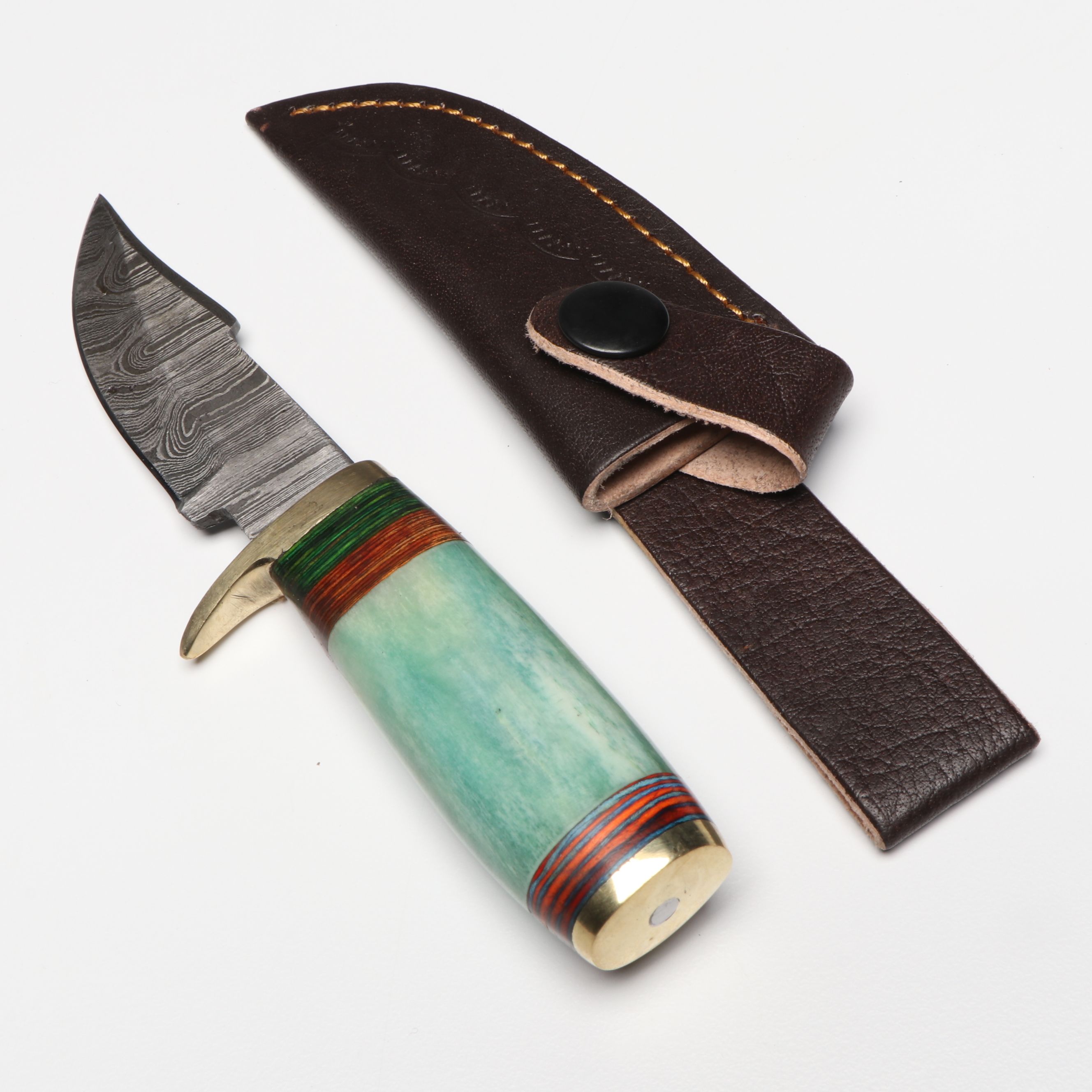 Damascus Steel Skinner Knives in Leather Scabbards