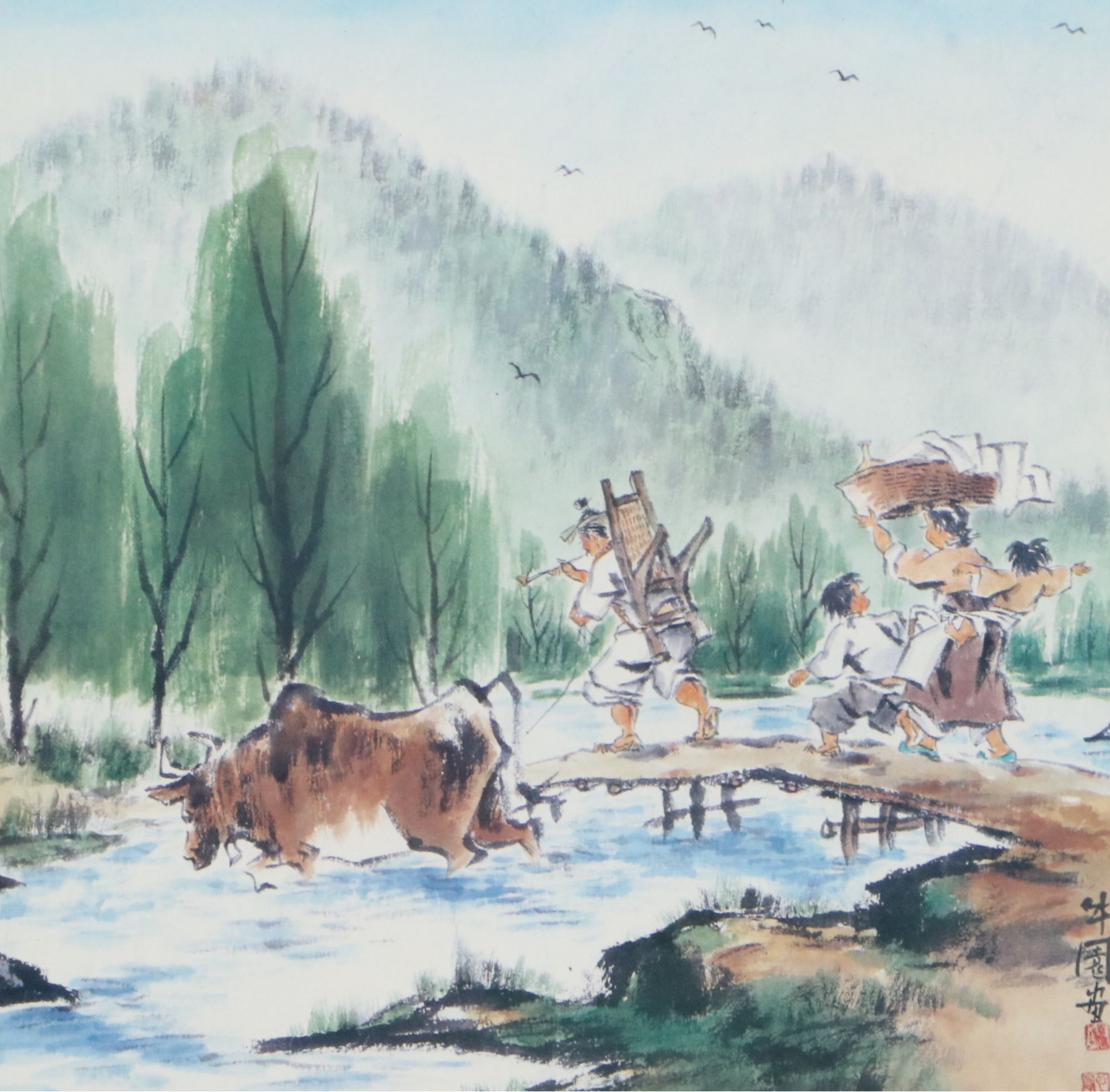 Offset Lithograph of Chinese Landscape with Travelers, Late 20th Century