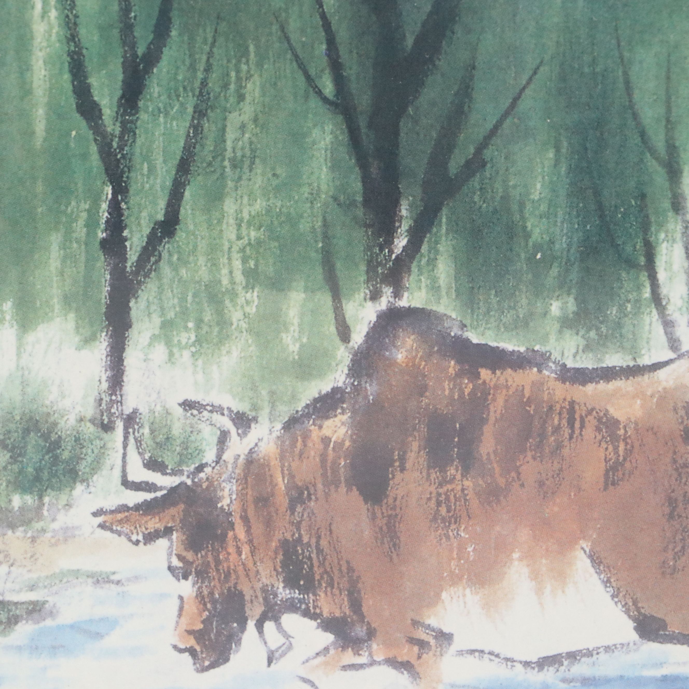 Offset Lithograph of Chinese Landscape with Travelers, Late 20th Century