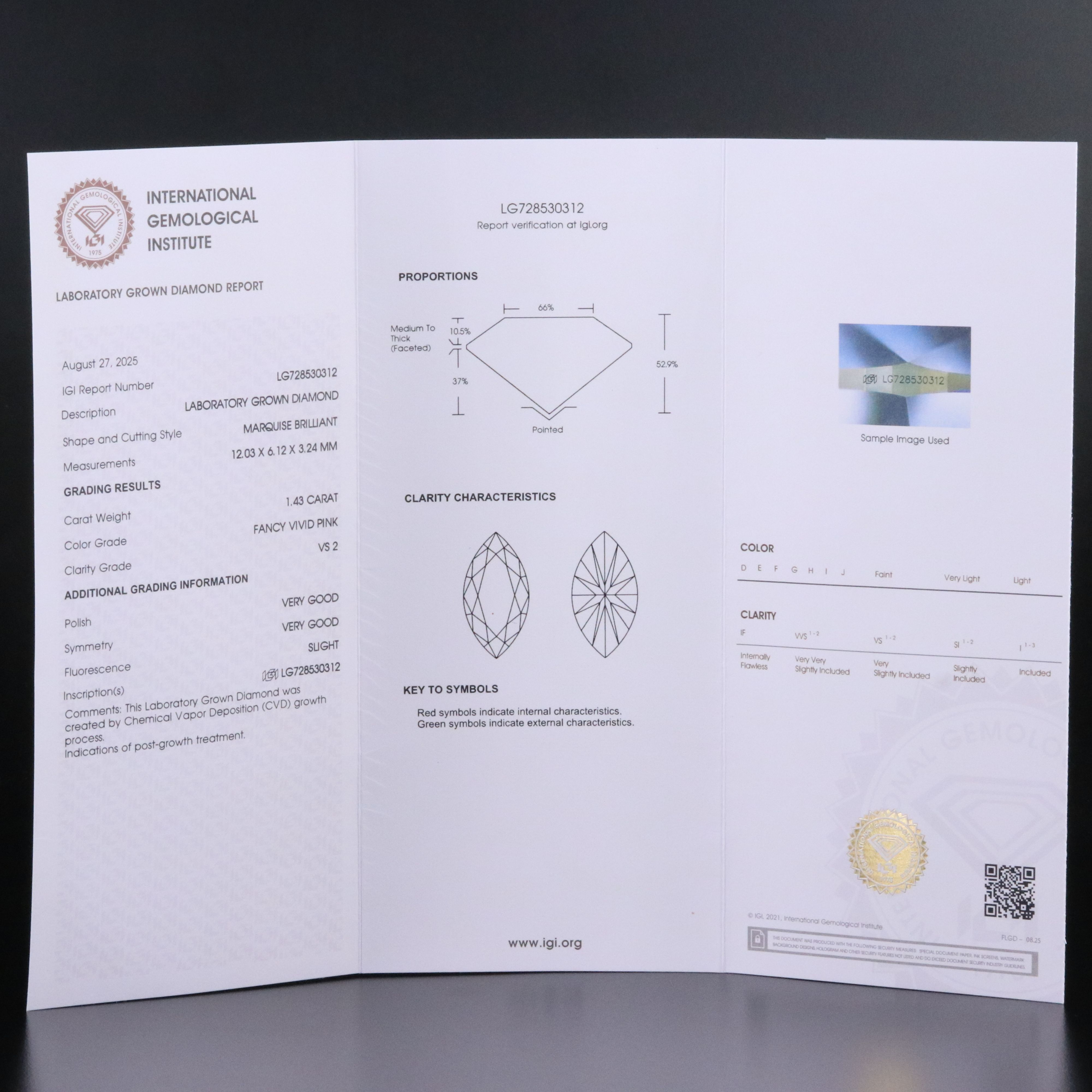 Loose 1.43 CT Lab Grown Fancy Pink Diamond with IGI Report