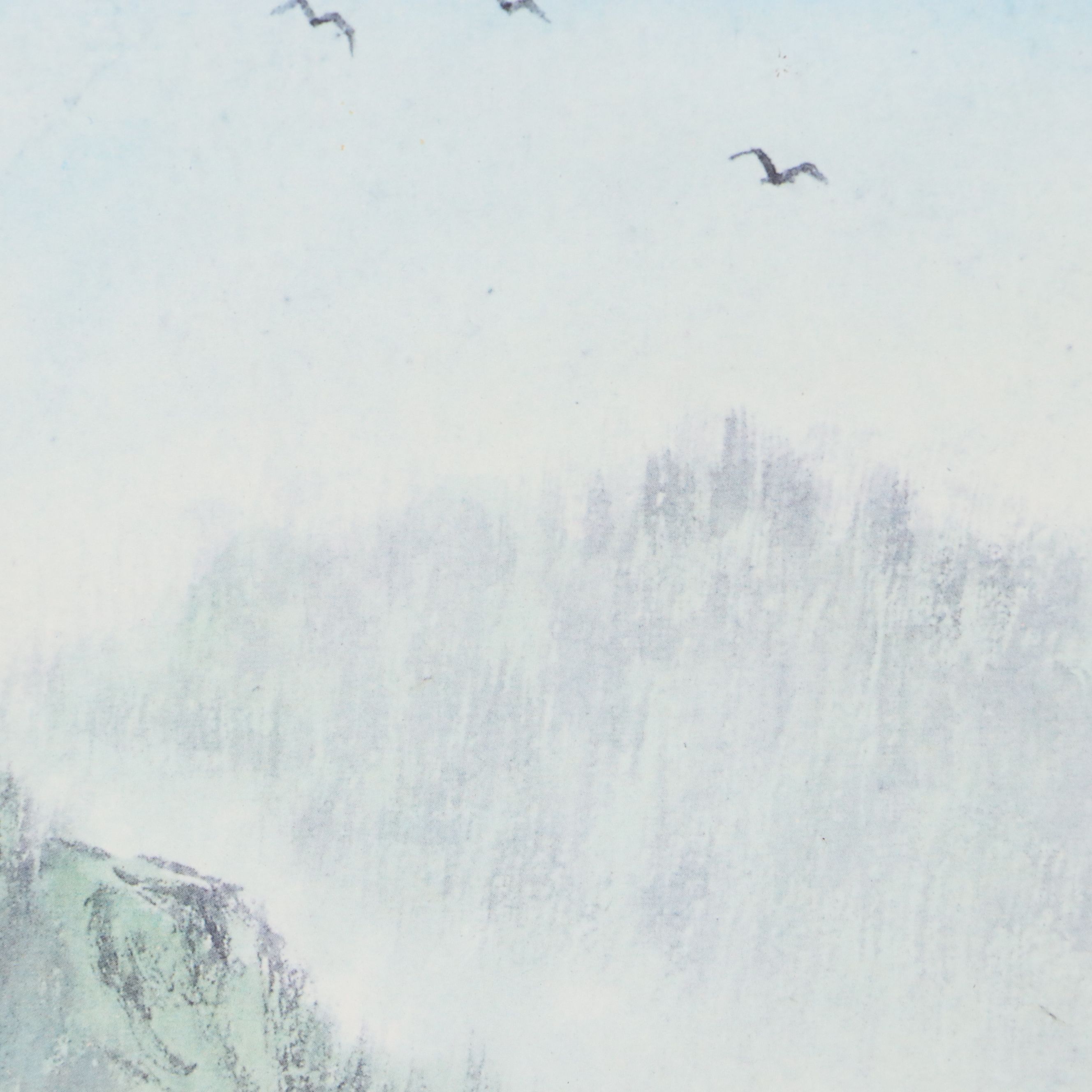 Offset Lithograph of Chinese Landscape with Travelers, Late 20th Century