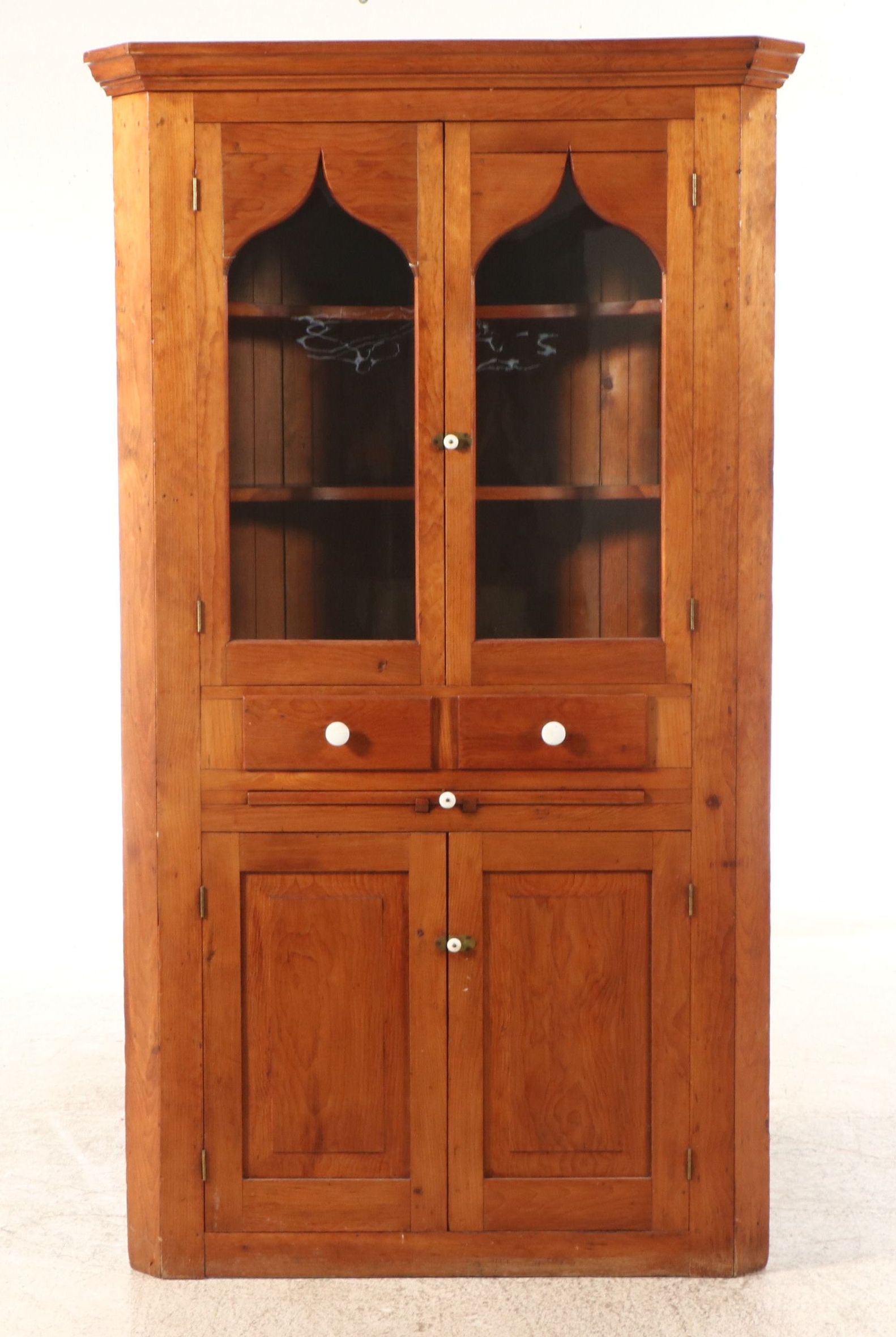 American Primitive Old Growth Poplar Corner Cabinet, Mid-19th Century