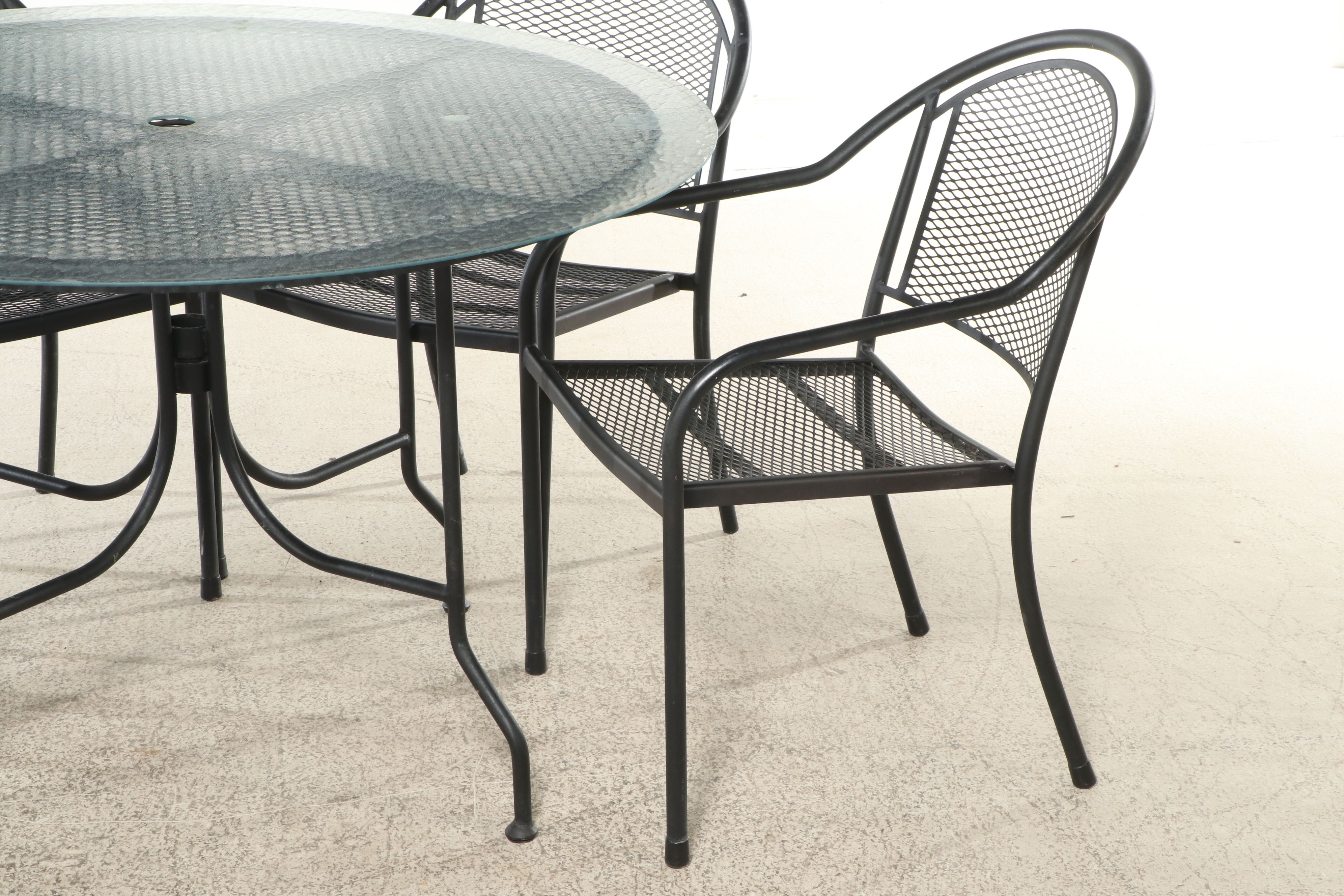 Russell Woodard Attr. Patio Dining Table with Six Barrel-Back Chairs