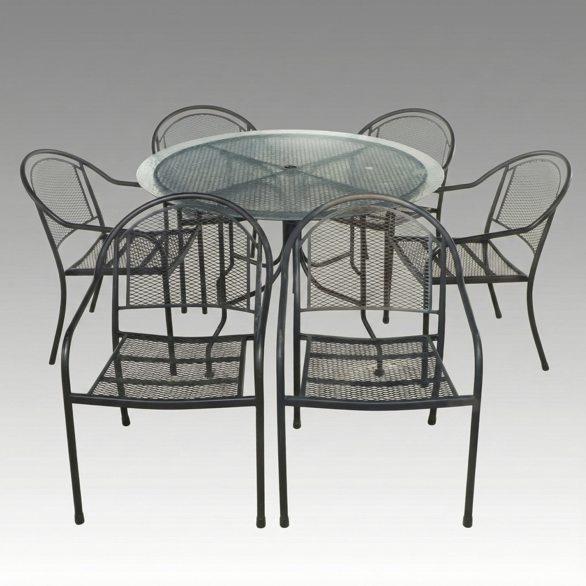 Russell Woodard Attr. Patio Dining Table with Six Barrel-Back Chairs