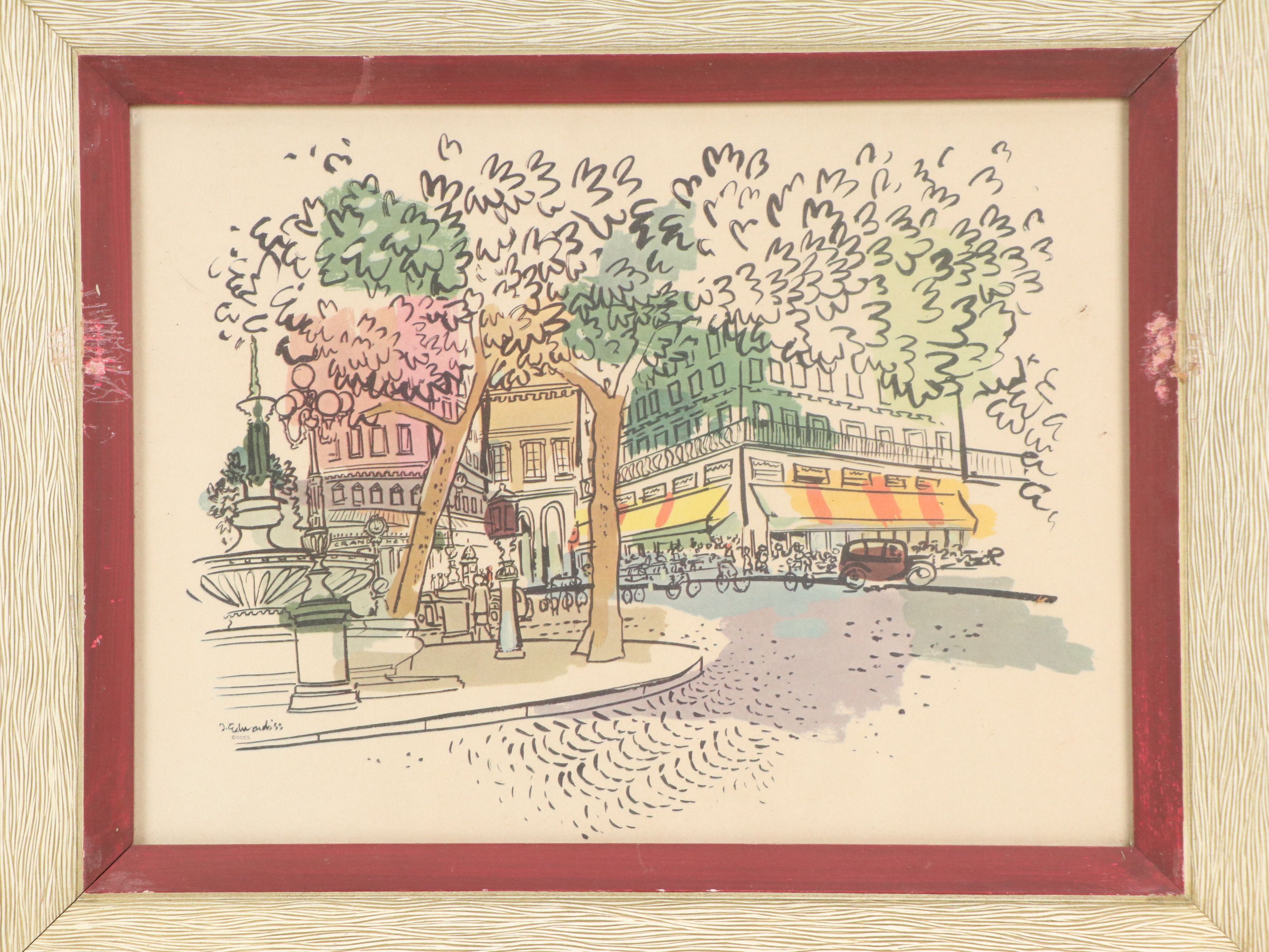 Offset Lithographs of European Street Scenes, Mid-20th Century